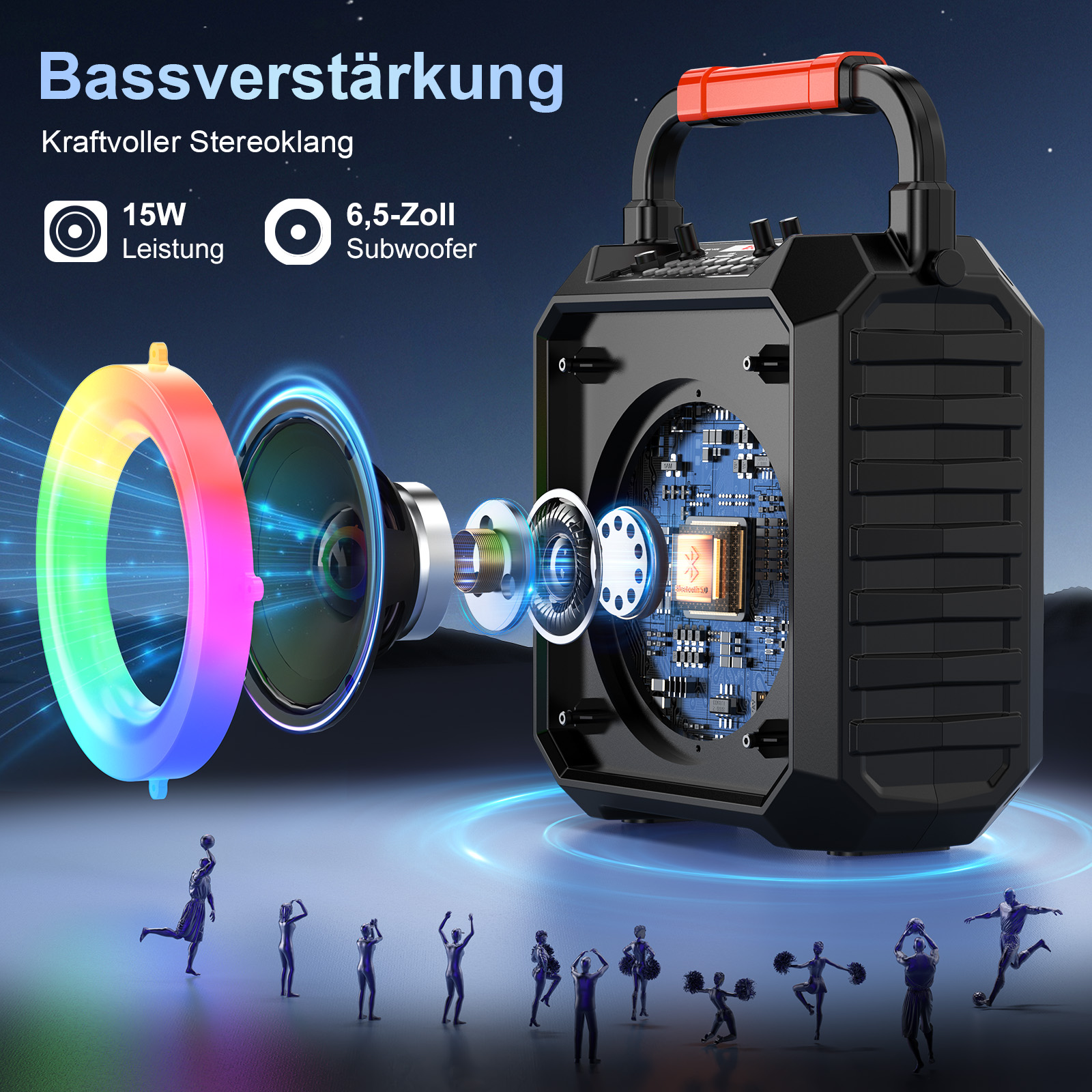 Ein tragbarer Lautsprecher mit RGB-Beleuchtung, detaillierter Innenansicht und kleinen Figuren.