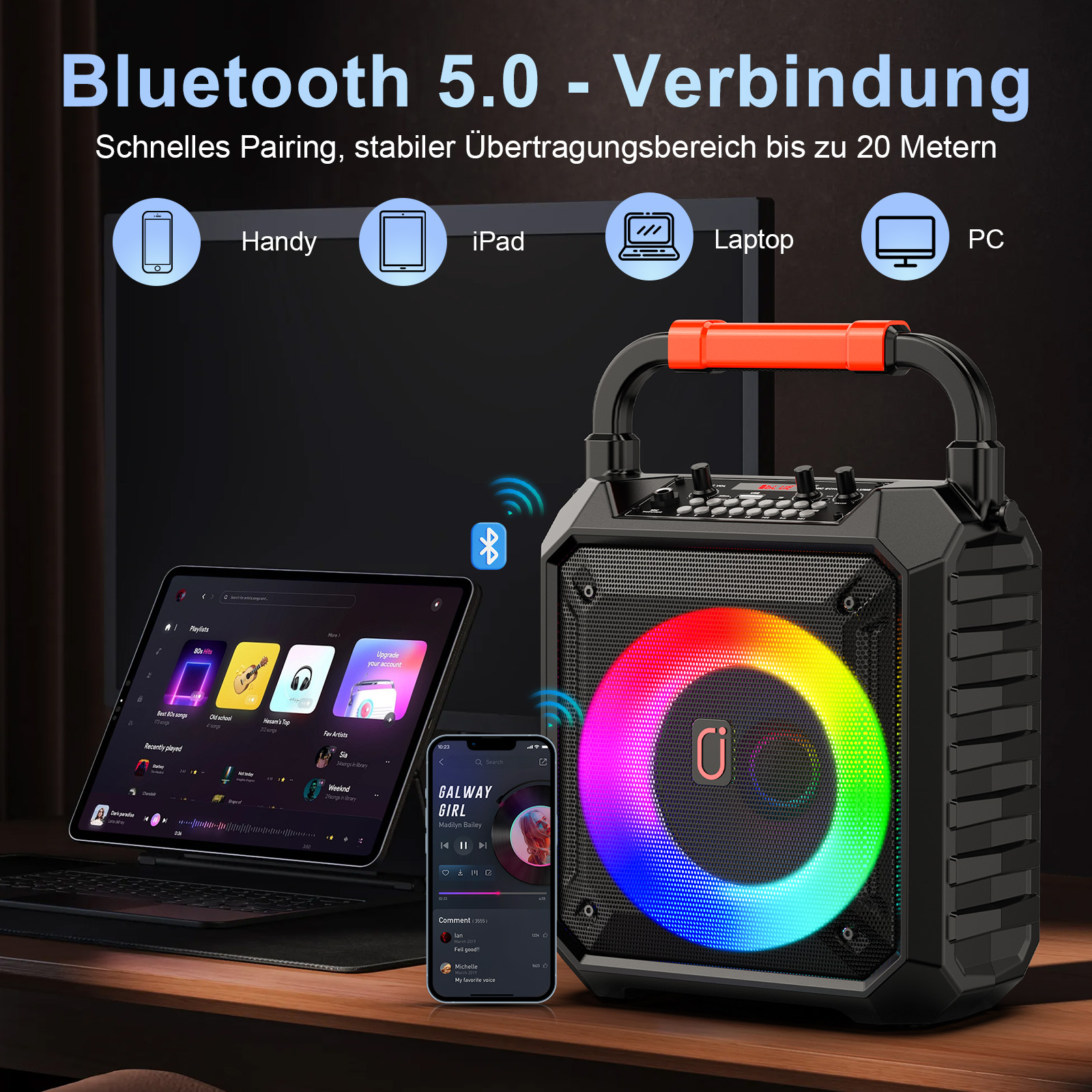 Ein Bluetooth-Lautsprecher mit Lichteffekten, verbunden mit einem Tablet und Smartphone.