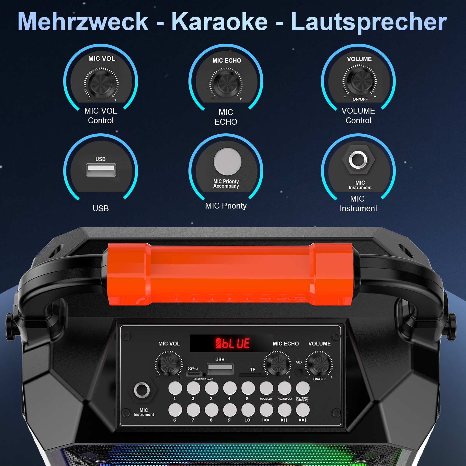 Ein schwarzer Karaoke-Lautsprecher mit Bedienknöpfen und einem orangefarbenen Griff.