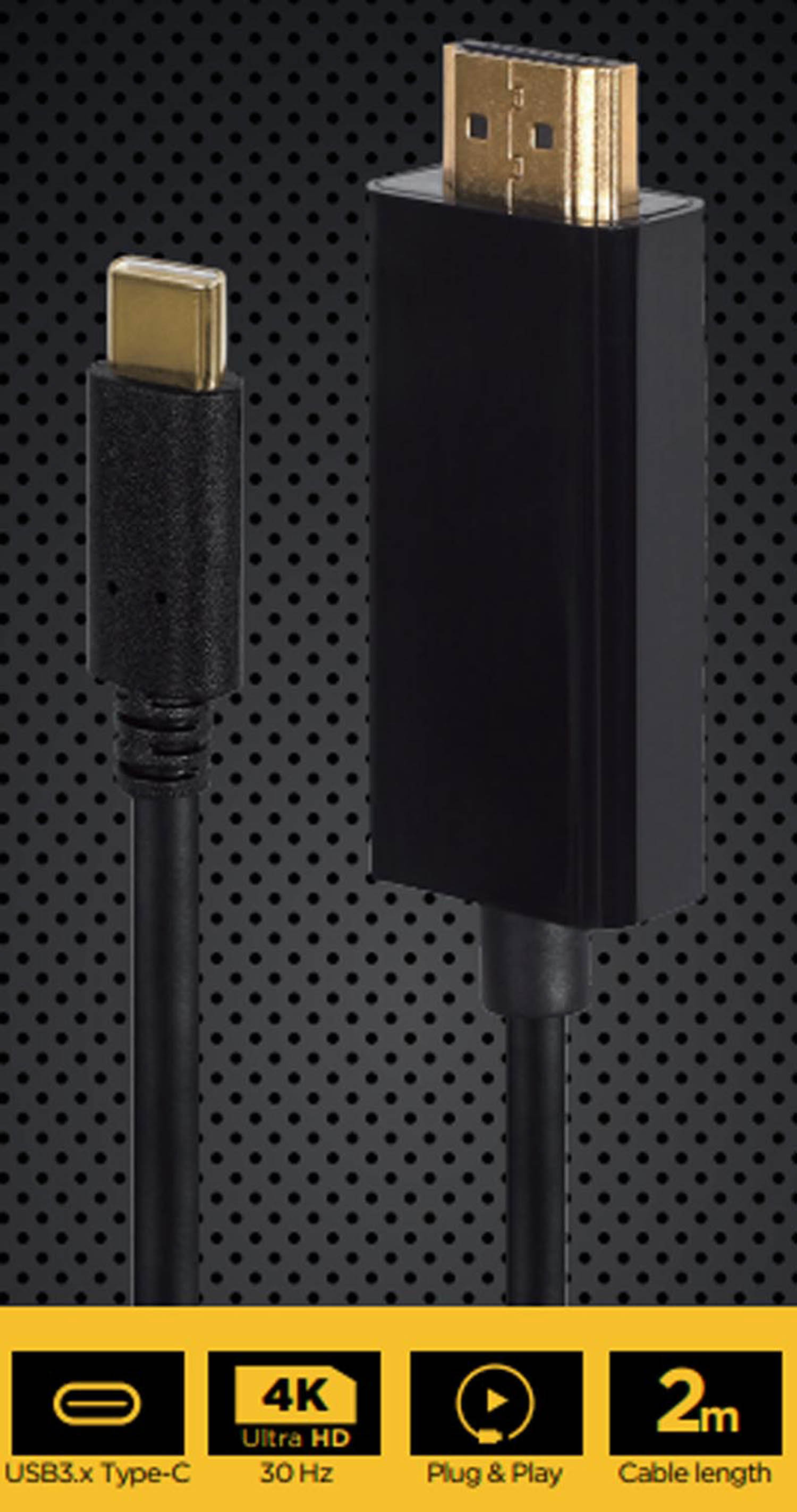 Un câble USB-C vers HDMI noir avec connecteurs dorés sur fond noir pointillé.