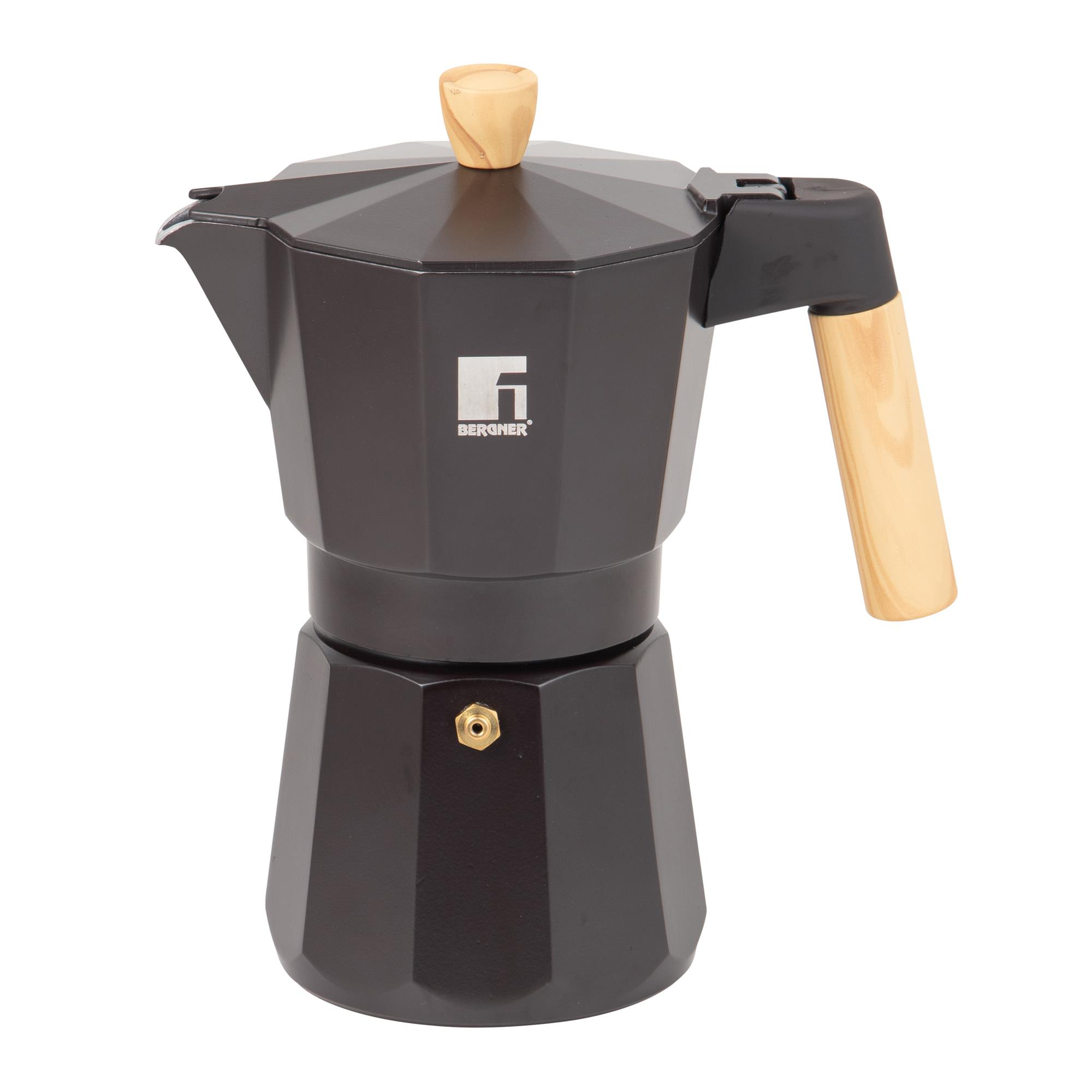 Moka nera con manico e pomello del coperchio in legno.