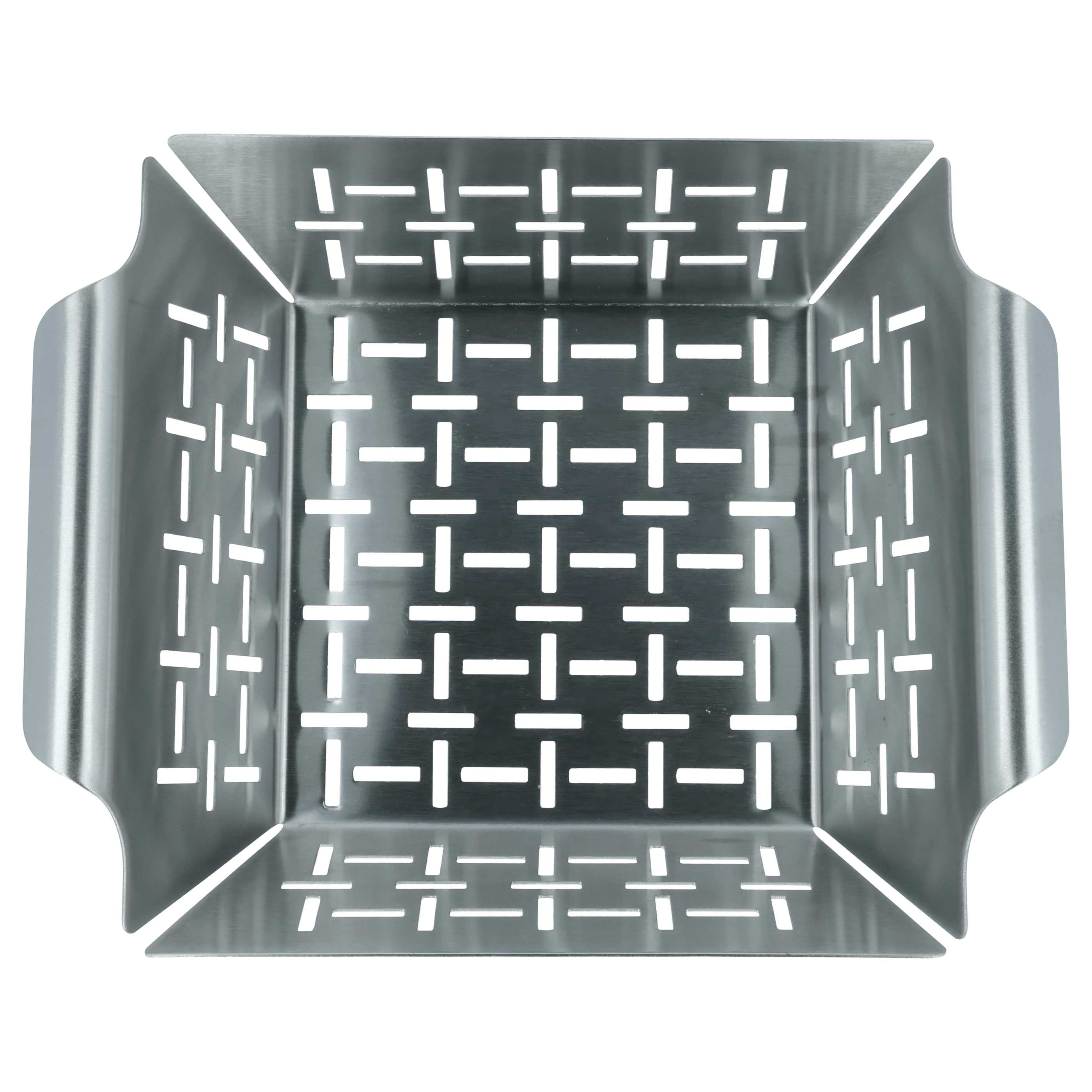 Ein silberner Metallkorb mit rechteckigen Aussparungen.