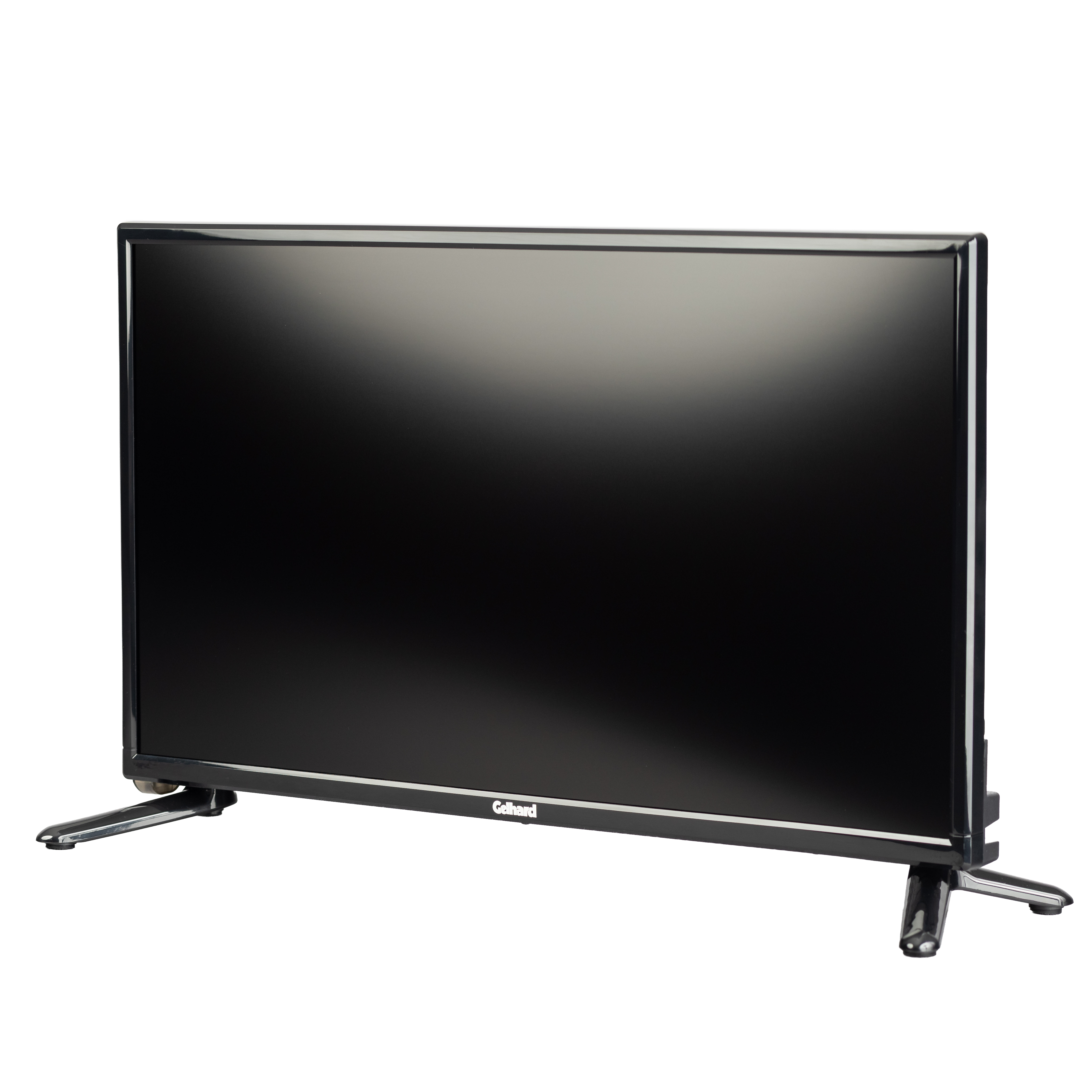 Ein schwarzer Fernseher mit silbernen Standfüßen auf weißem Hintergrund.