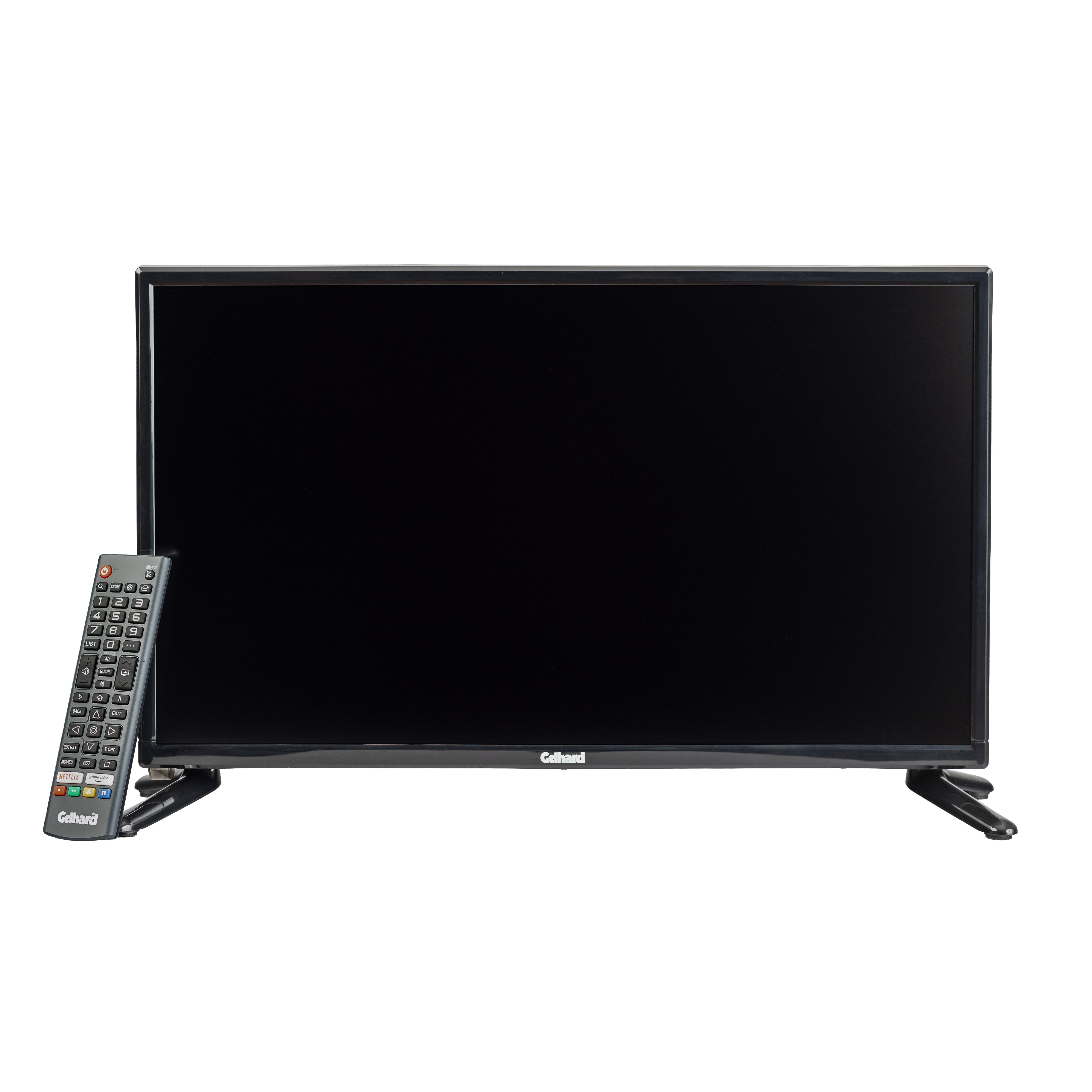 Ein schwarzer Fernseher mit Fernbedienung steht auf einem Ständer.