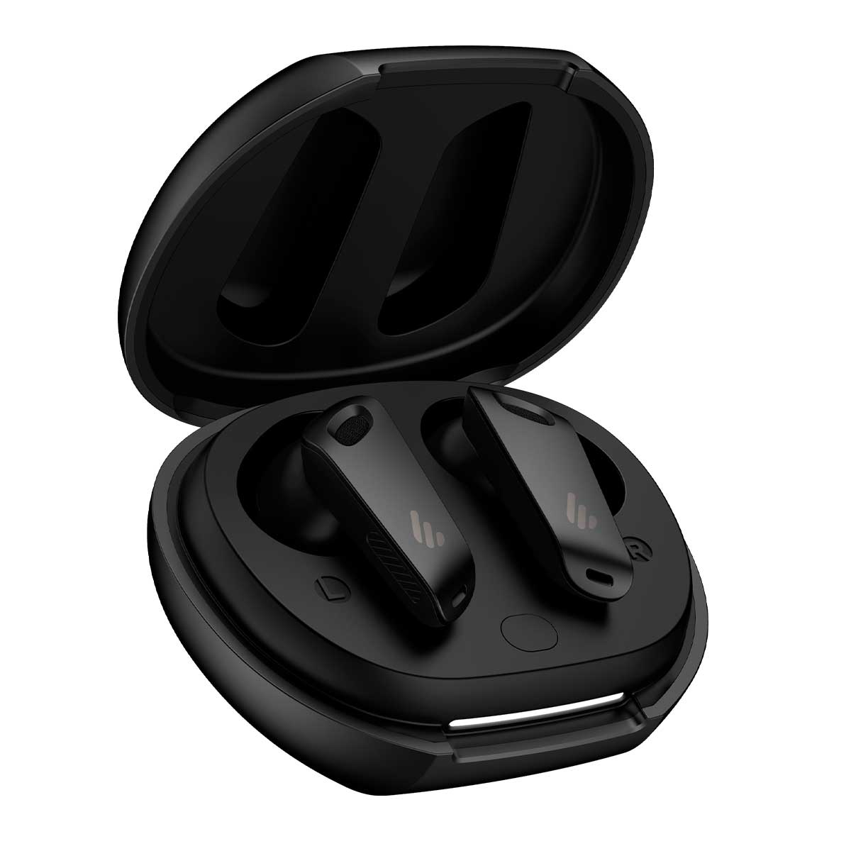Dwa czarne słuchawki bezprzewodowe w otwartym czarnym etui ładującym.