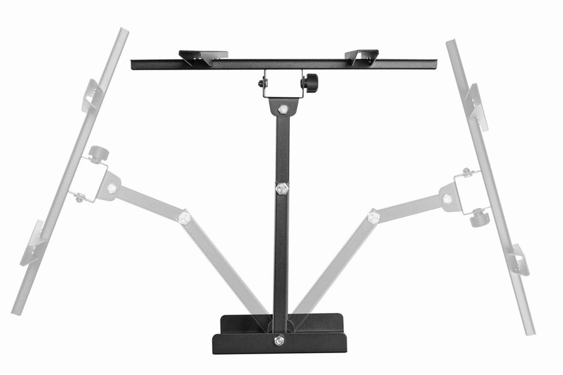 A black monitor stand with adjustable arms on a white background.