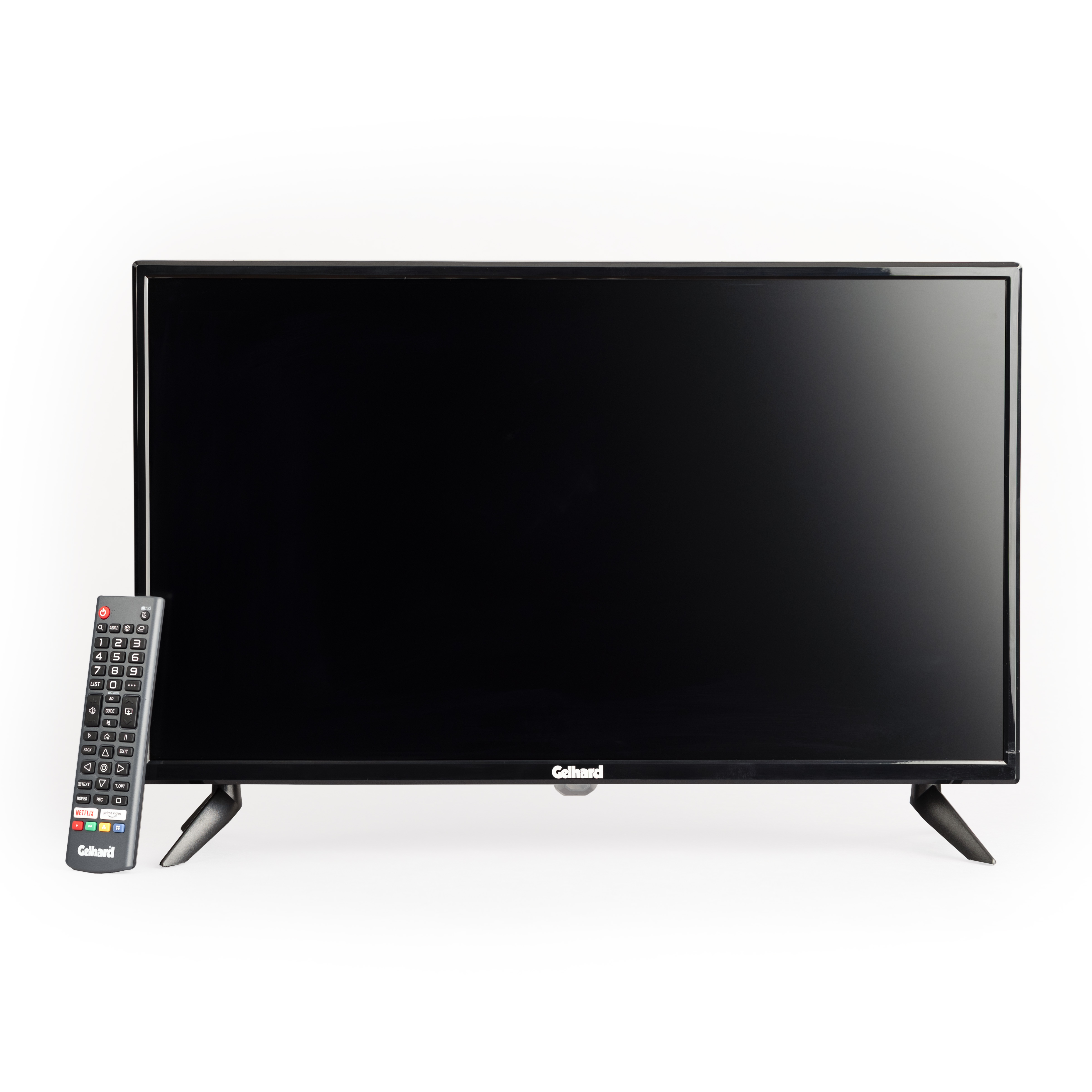Ein schwarzer Fernseher mit Fernbedienung steht auf einem weißen Hintergrund.