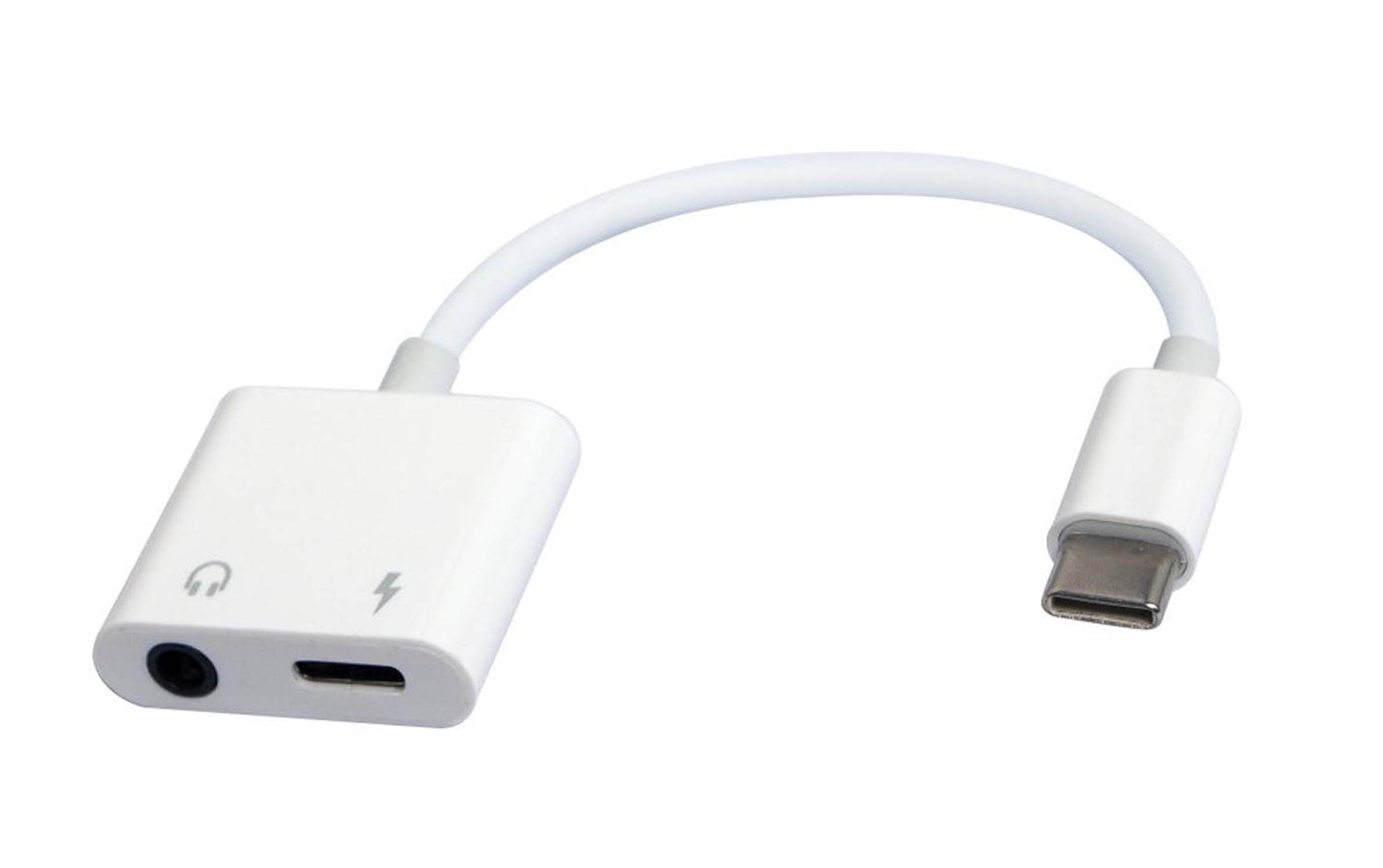 White USB-C adapter with headphone jack and charging port.