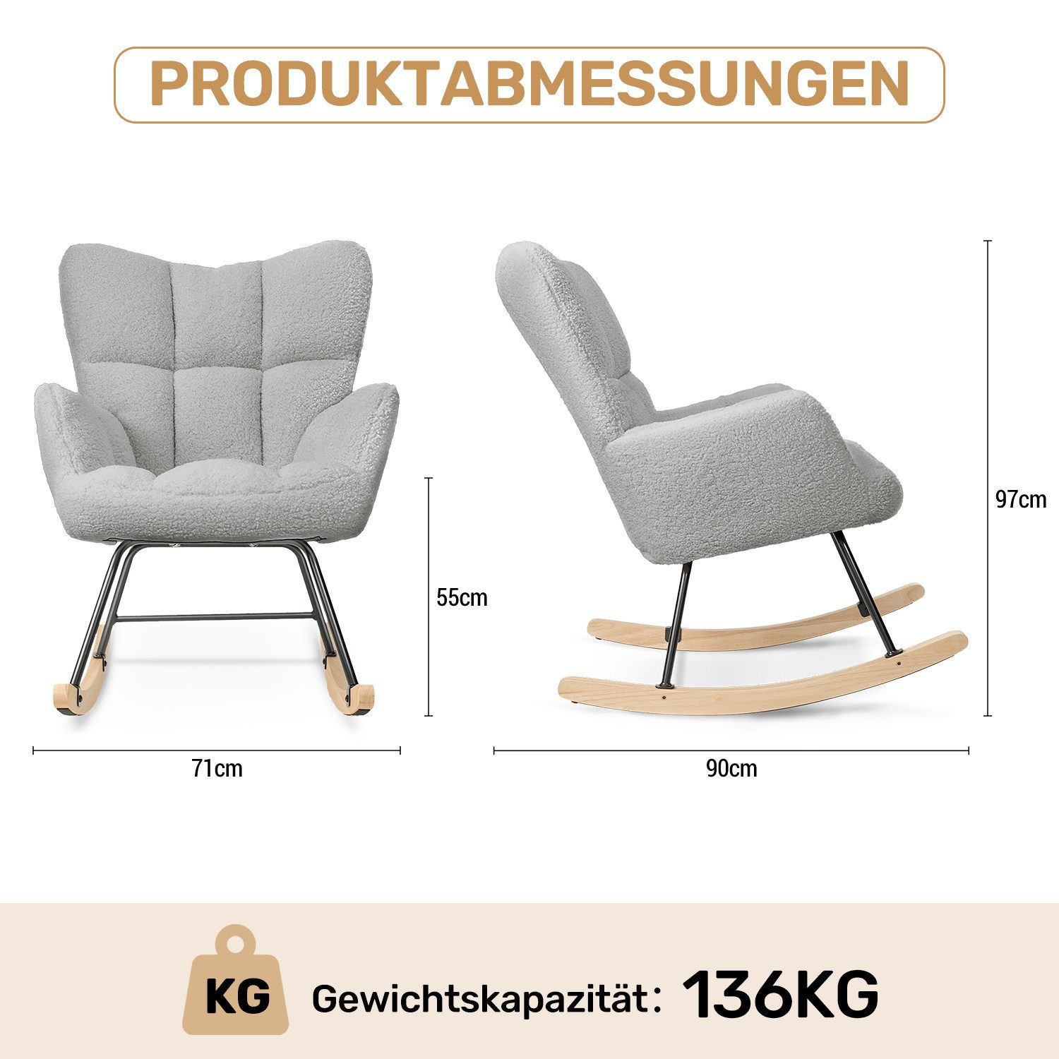 Grauer Schaukelstuhl mit Maßen 71x55x97cm und 136kg Tragfähigkeit.