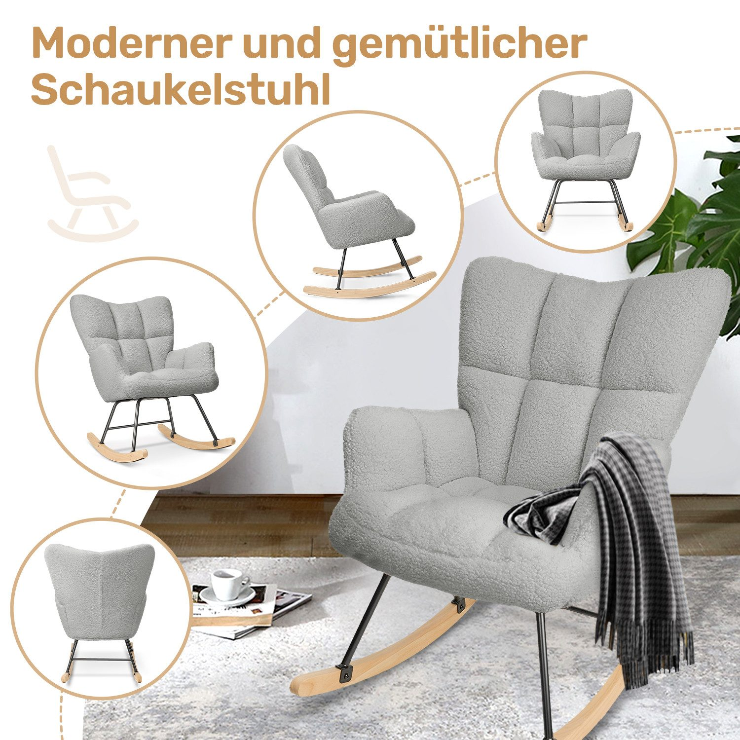 Ein grauer Teddyfleece-Schaukelstuhl mit Holzbasis und Decke.