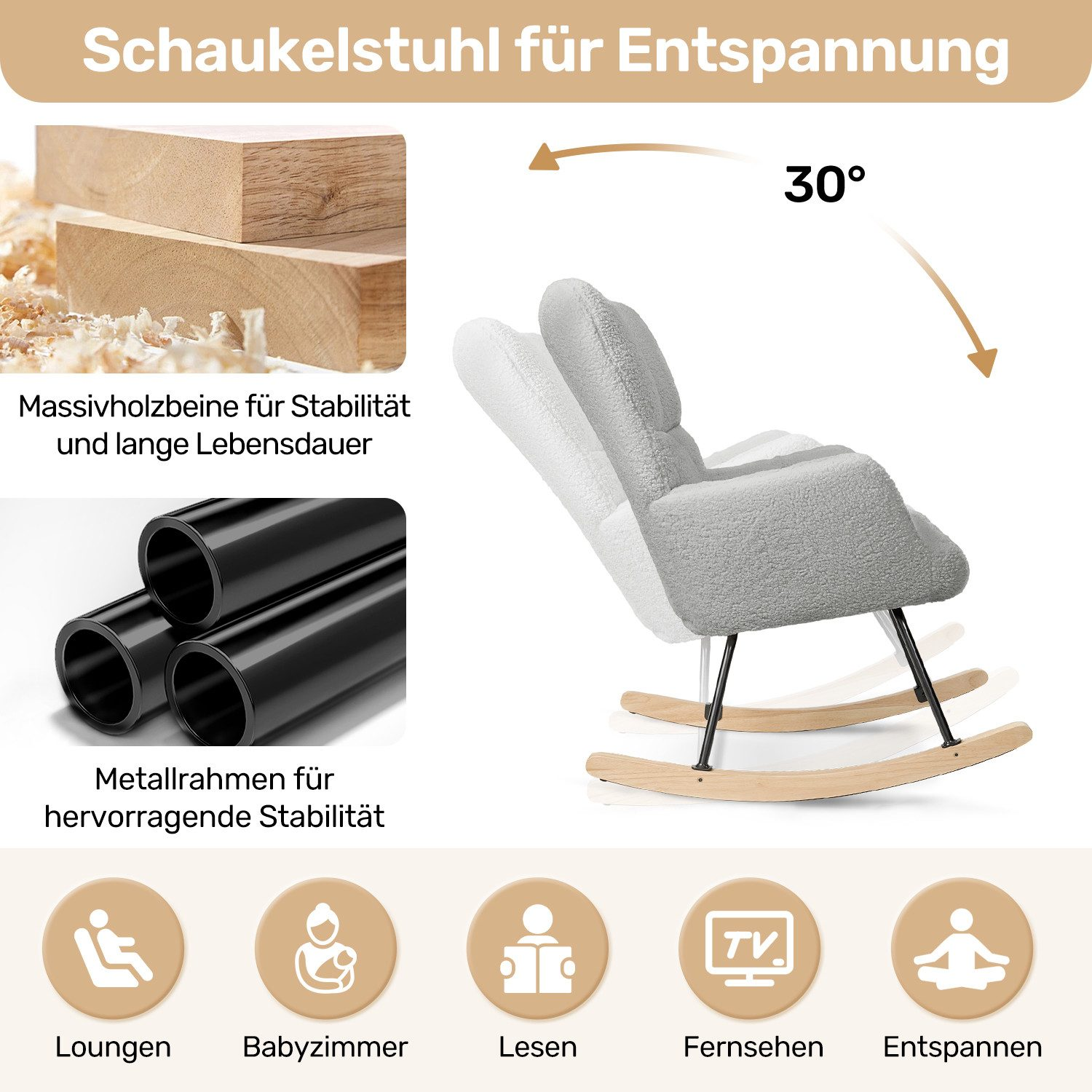 Grauer Schaukelstuhl mit Holzbeinen und Metallrahmen, ideal zum Entspannen.