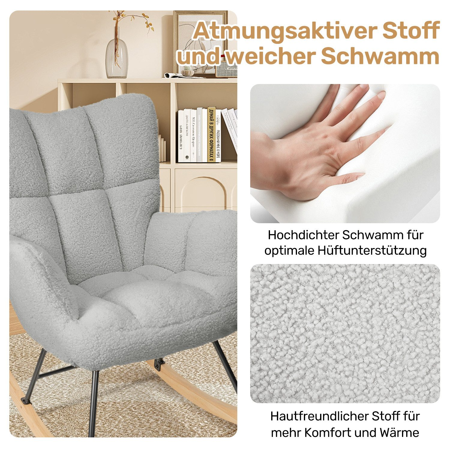 Grauer Teddy-Stoff-Sessel mit Holzschaukelbasis und bequemer Polsterung.