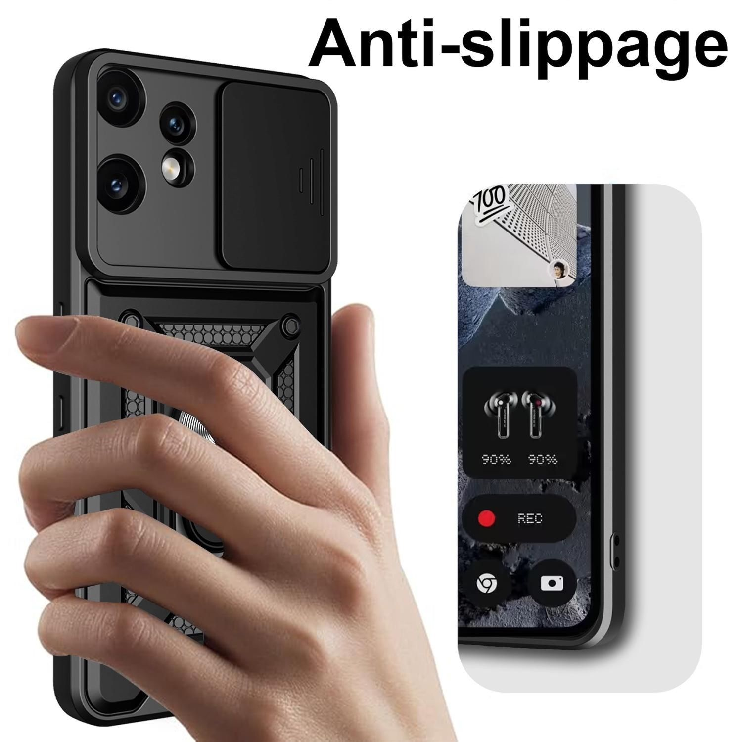 Schwarz Handyhülle mit Schiebefach für Kamera. Hand hält Hülle.