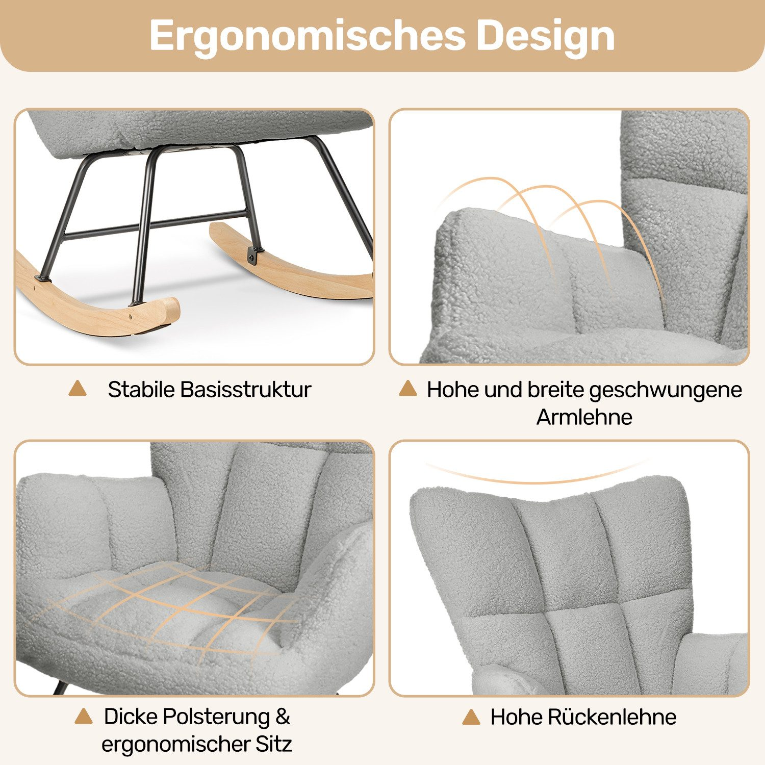 Vier Bilder zeigen die ergonomischen Merkmale eines grauen Teddybär-Stuhl Designs.