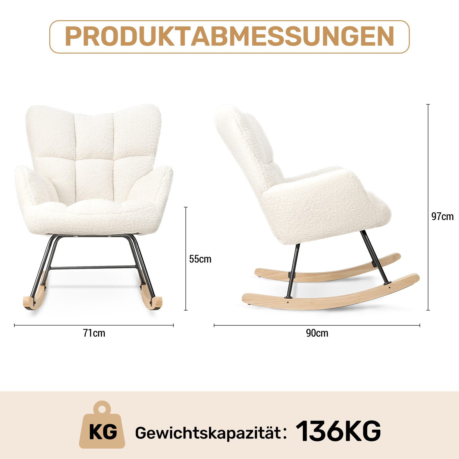 Ein weißer Teddy-Schaukelstuhl mit Maßen und einer Gewichtskapazität von 136 kg.