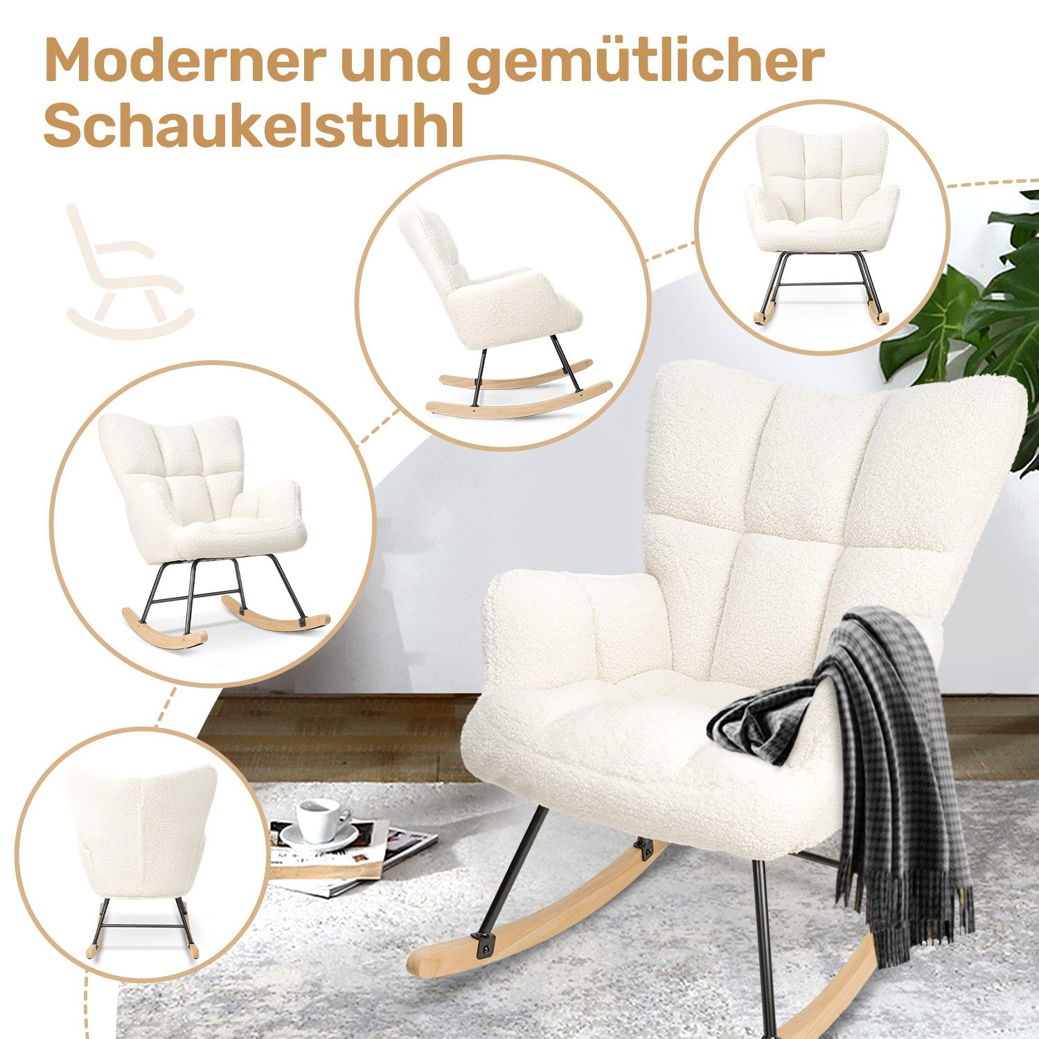 Ein flauschiger weißer Schaukelstuhl mit Holzkufe und schwarzen Beinen.