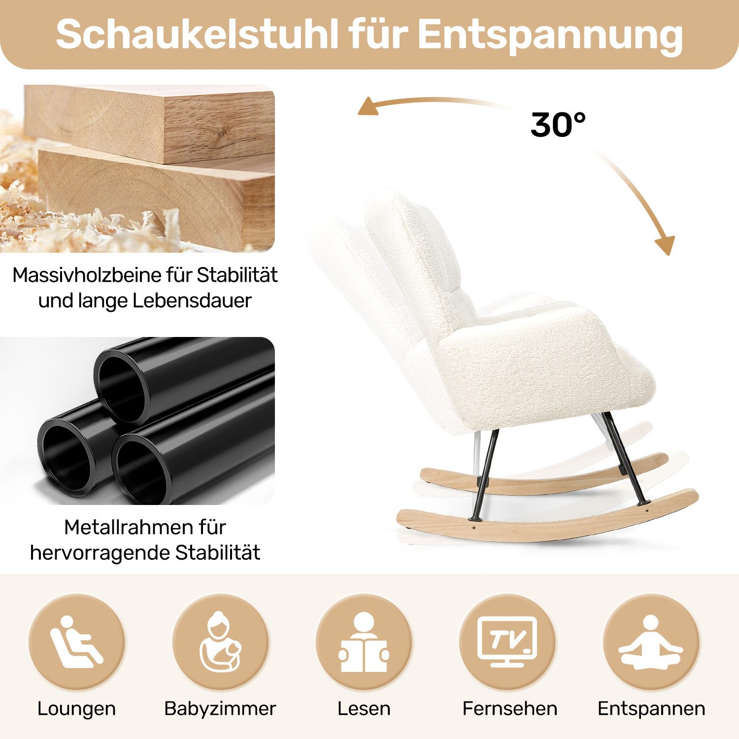 Ein weißer Schaukelstuhl mit Holzbeinen und Metallrahmen, Neigung 30°.