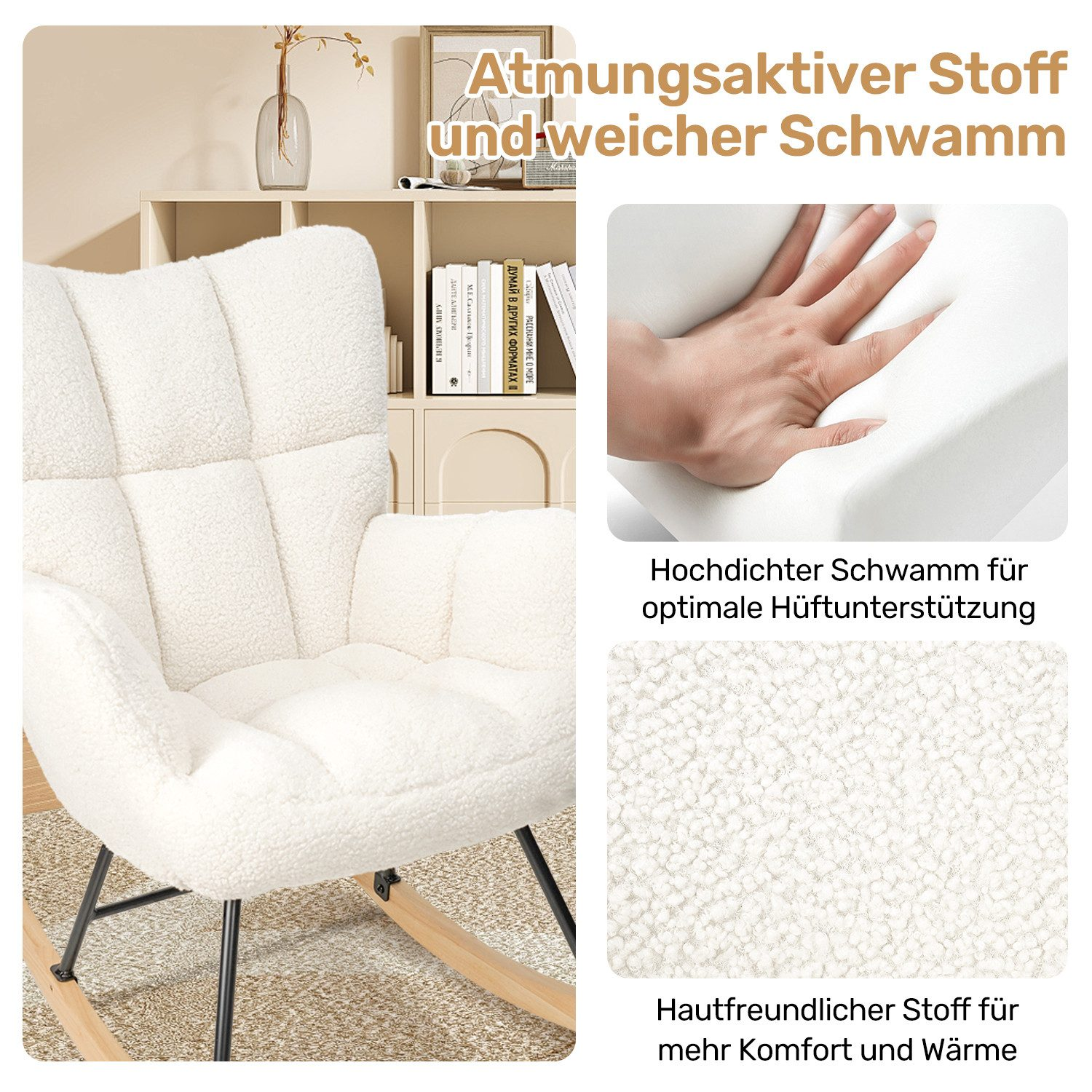 Weißer Teddy-Stoff-Schaukelstuhl mit Holzakzenten und weichem Schaumstoff.