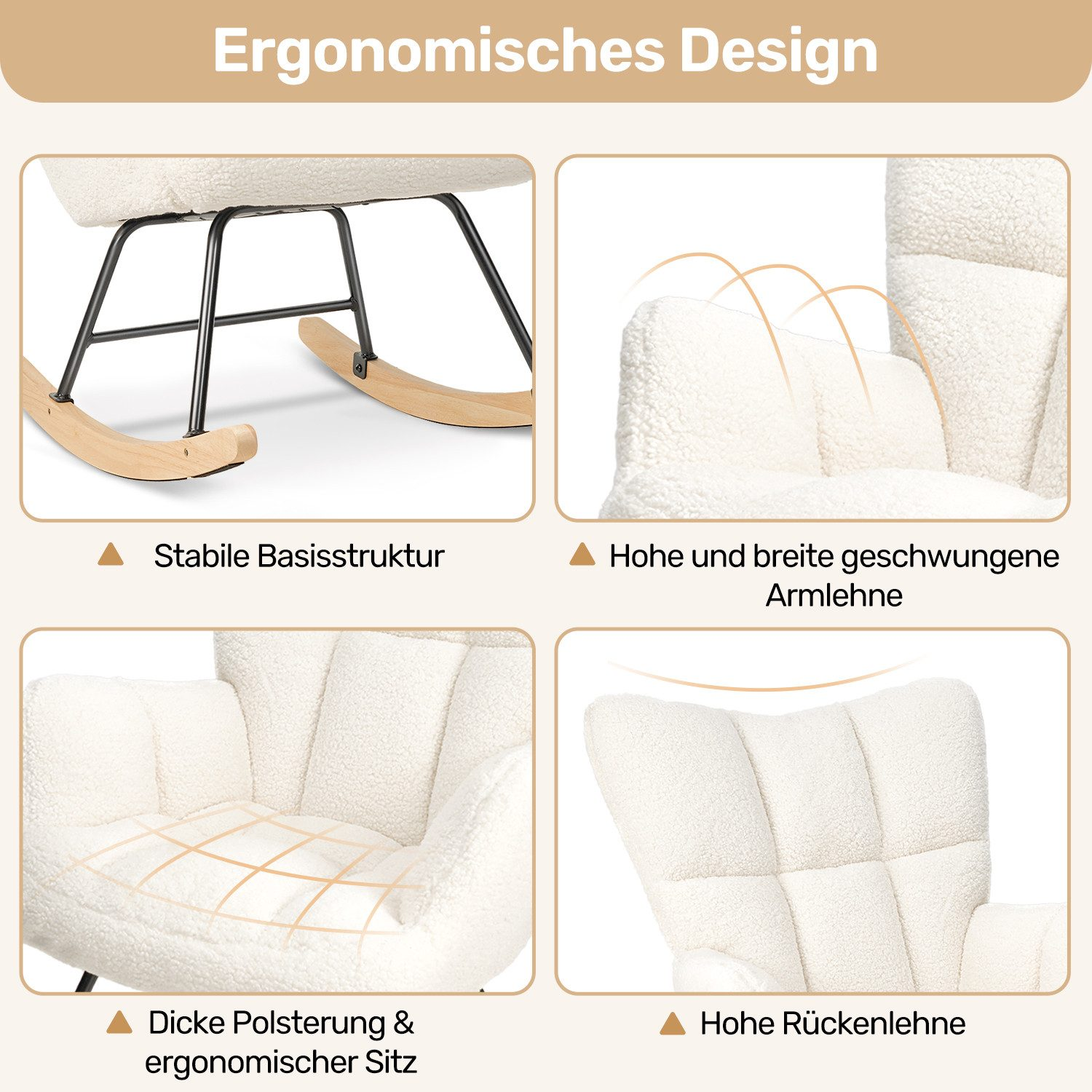 Ein weißer Schaukelstuhl mit dicker Polsterung und ergonomischem Design.