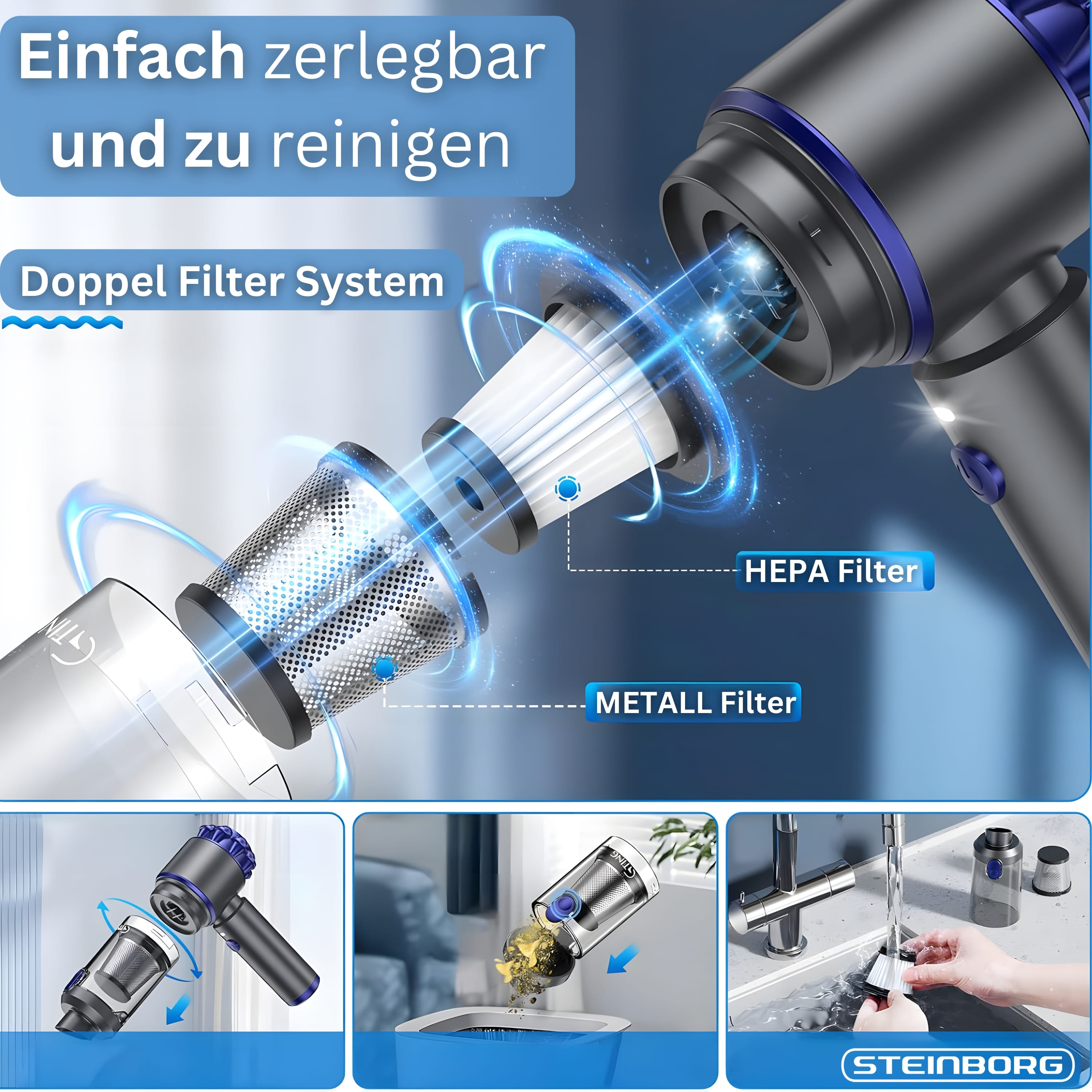 Handstaubsauger mit HEPA- und Metallfilter, zerlegbar und waschbar.