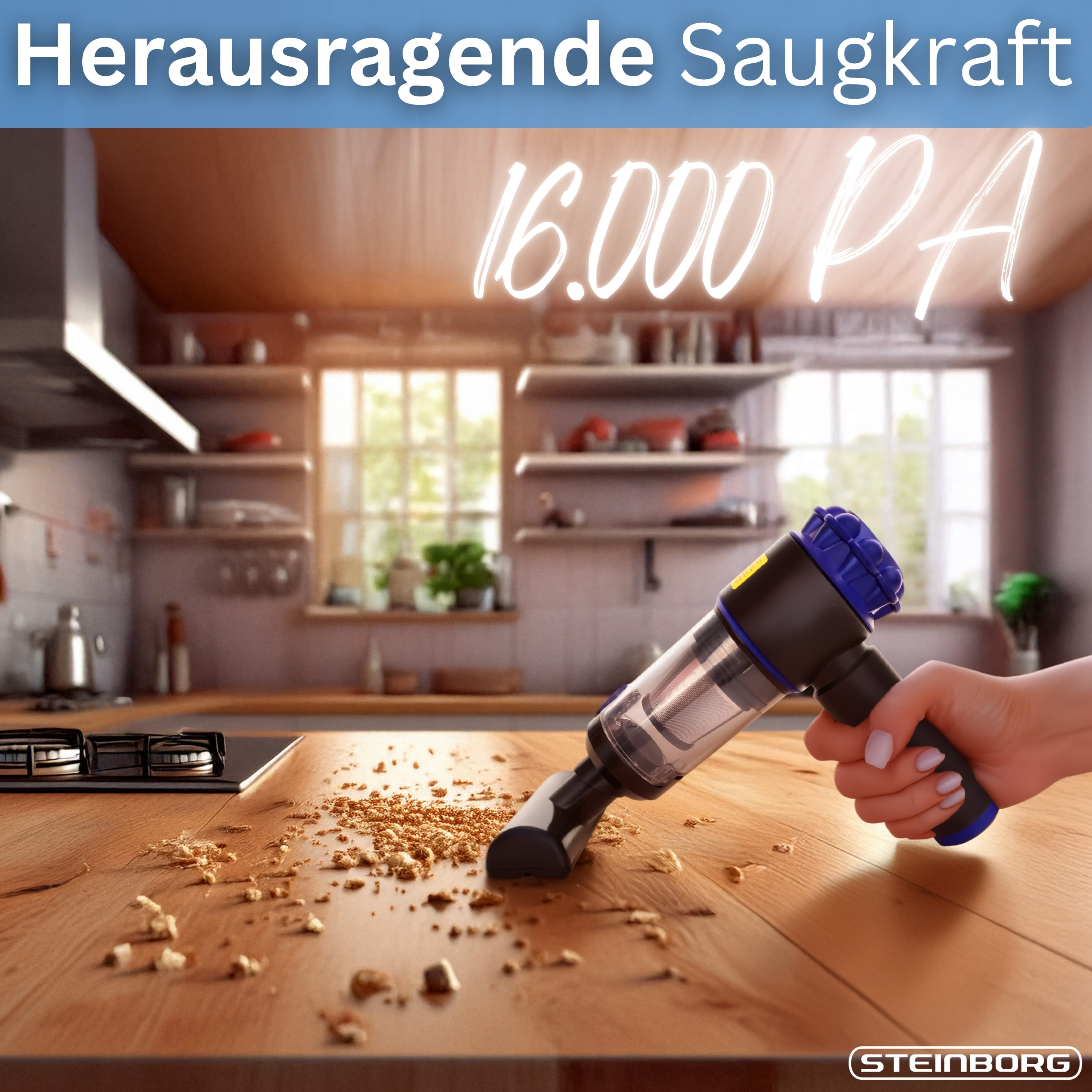 Ein Handstaubsauger reinigt einen Holztisch von Krümeln. Küche im Hintergrund.