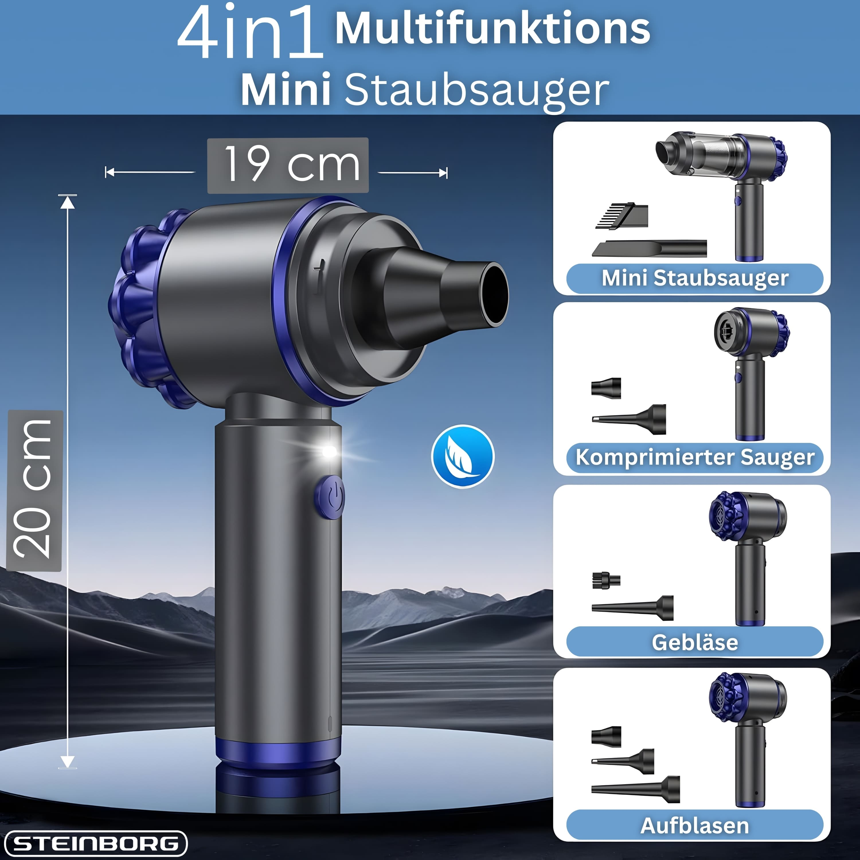 Ein 4-in-1 Multifunktions-Mini-Staubsauger in Grau und Blau, 19 cm lang.