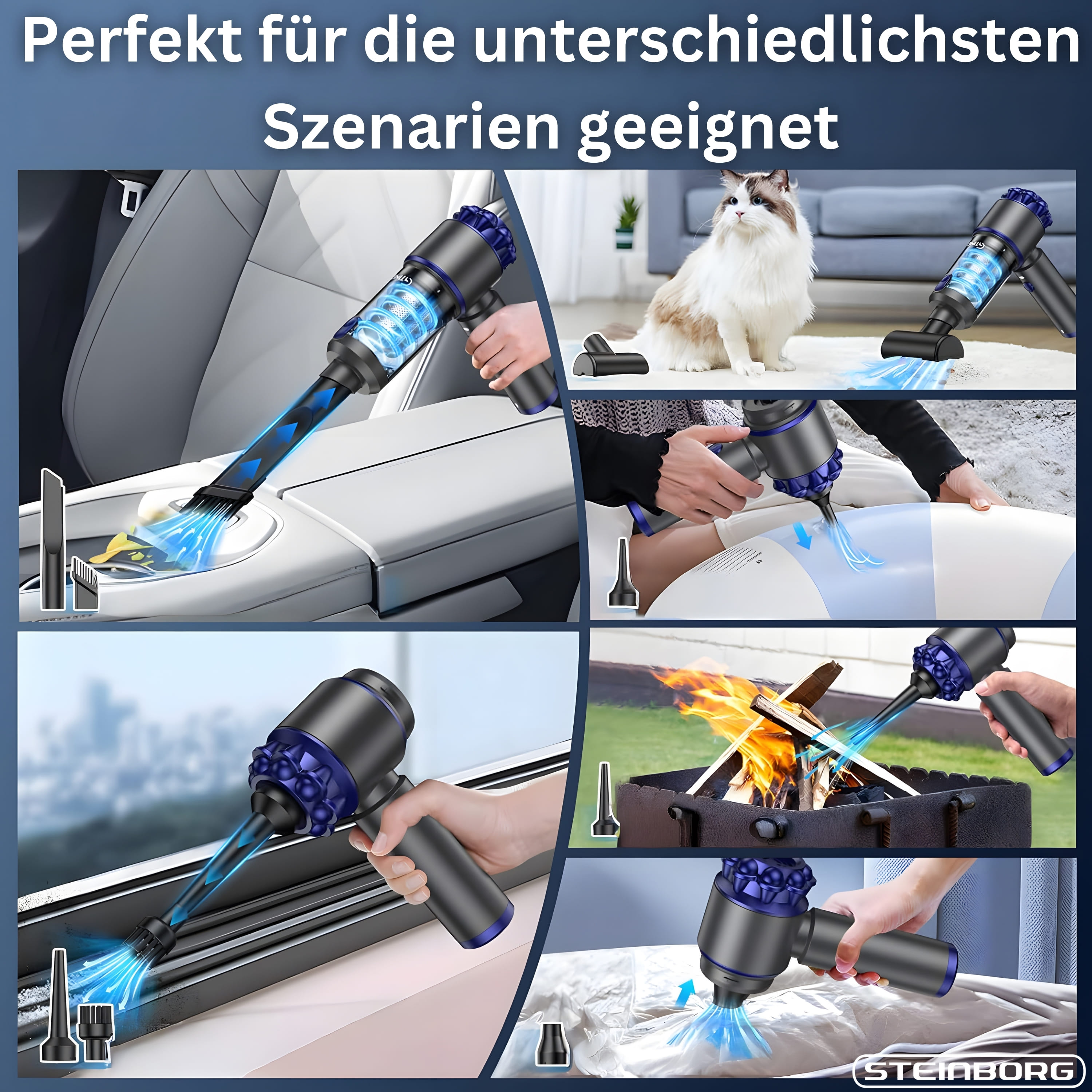 Vielseitiger Staubsauger reinigt Auto, Teppich, Fenster und Feuerstelle.