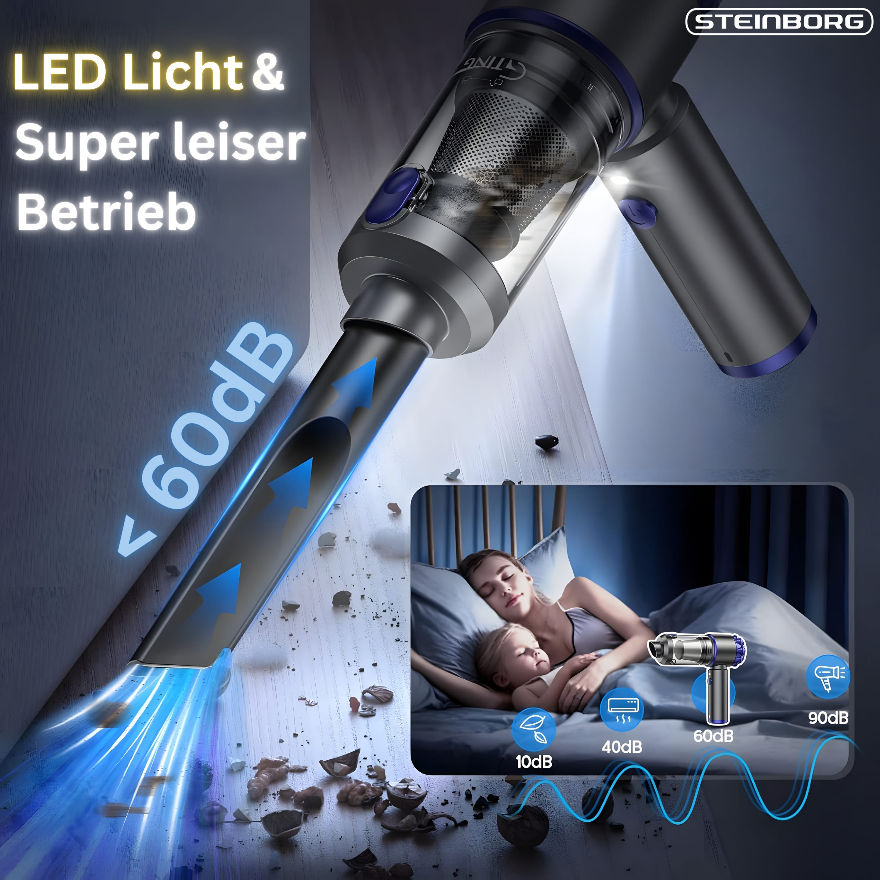 Staubsauger mit LED-Licht saugt Krümel auf, während eine Mutter und ihr Kind schlafen.