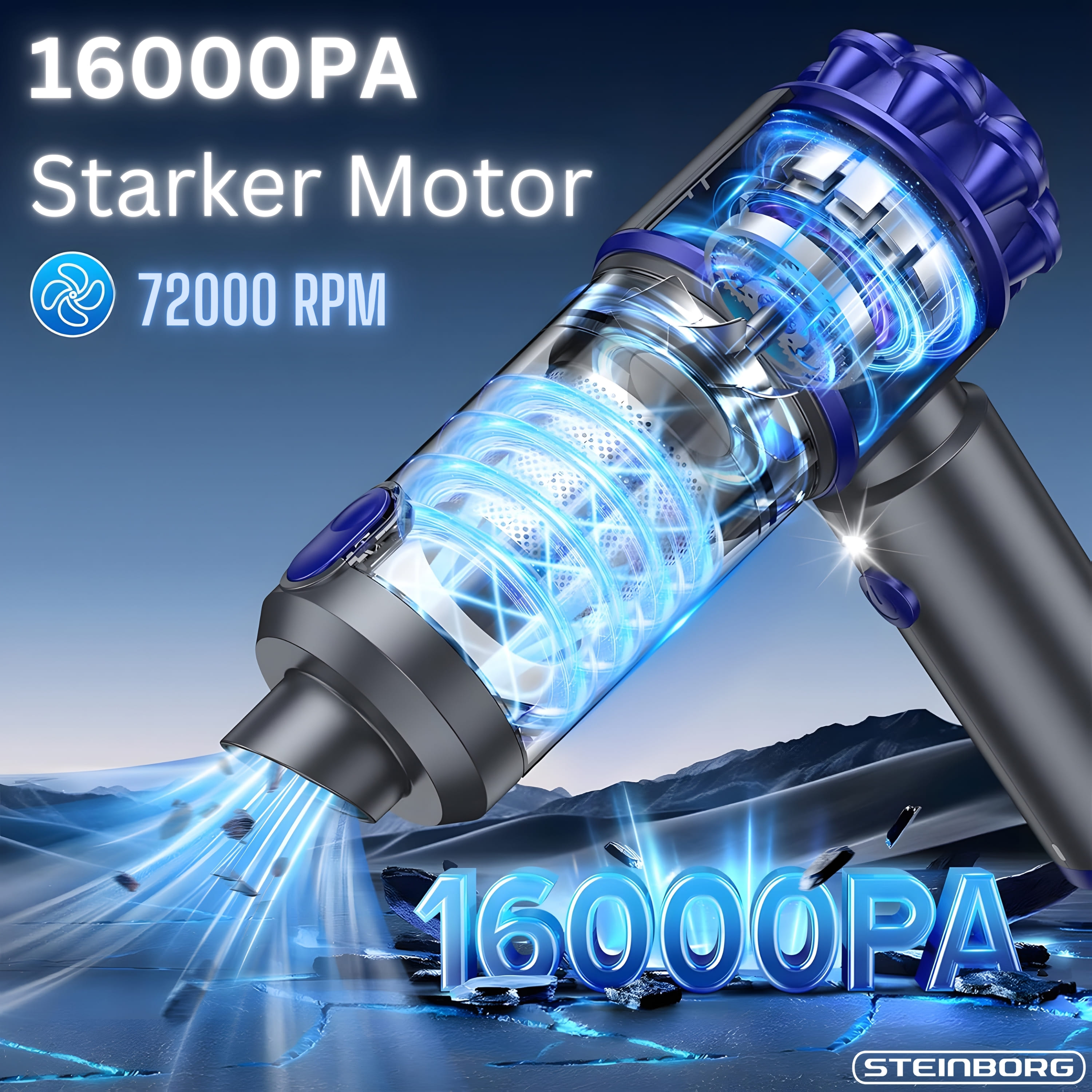 Leistungsstarker Akku-Staubsauger mit 16000 PA und 72000 U/min.