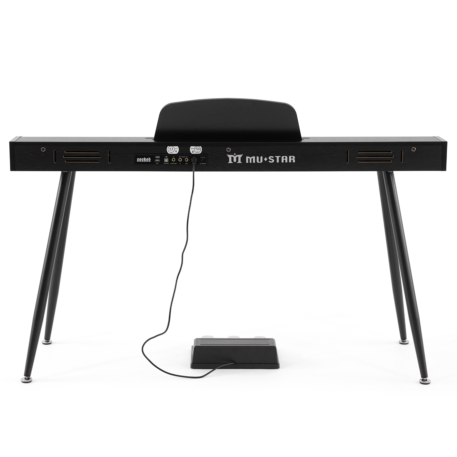 Ein schwarzes Digitalpiano mit Notenpult, drei Beinen und einem Pedal.