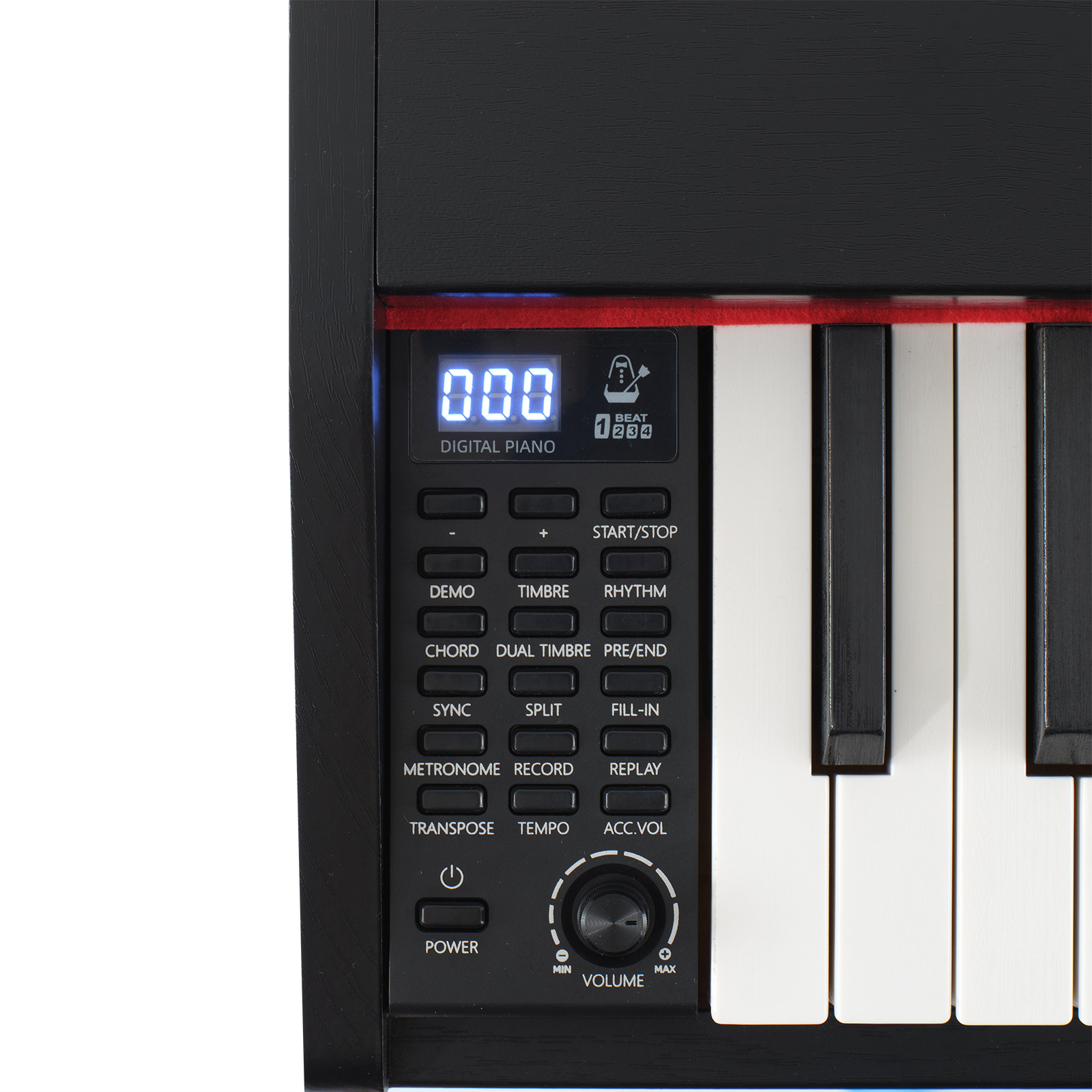 Digital Piano mit Tasten und Bedienelementen, Display zeigt 000.