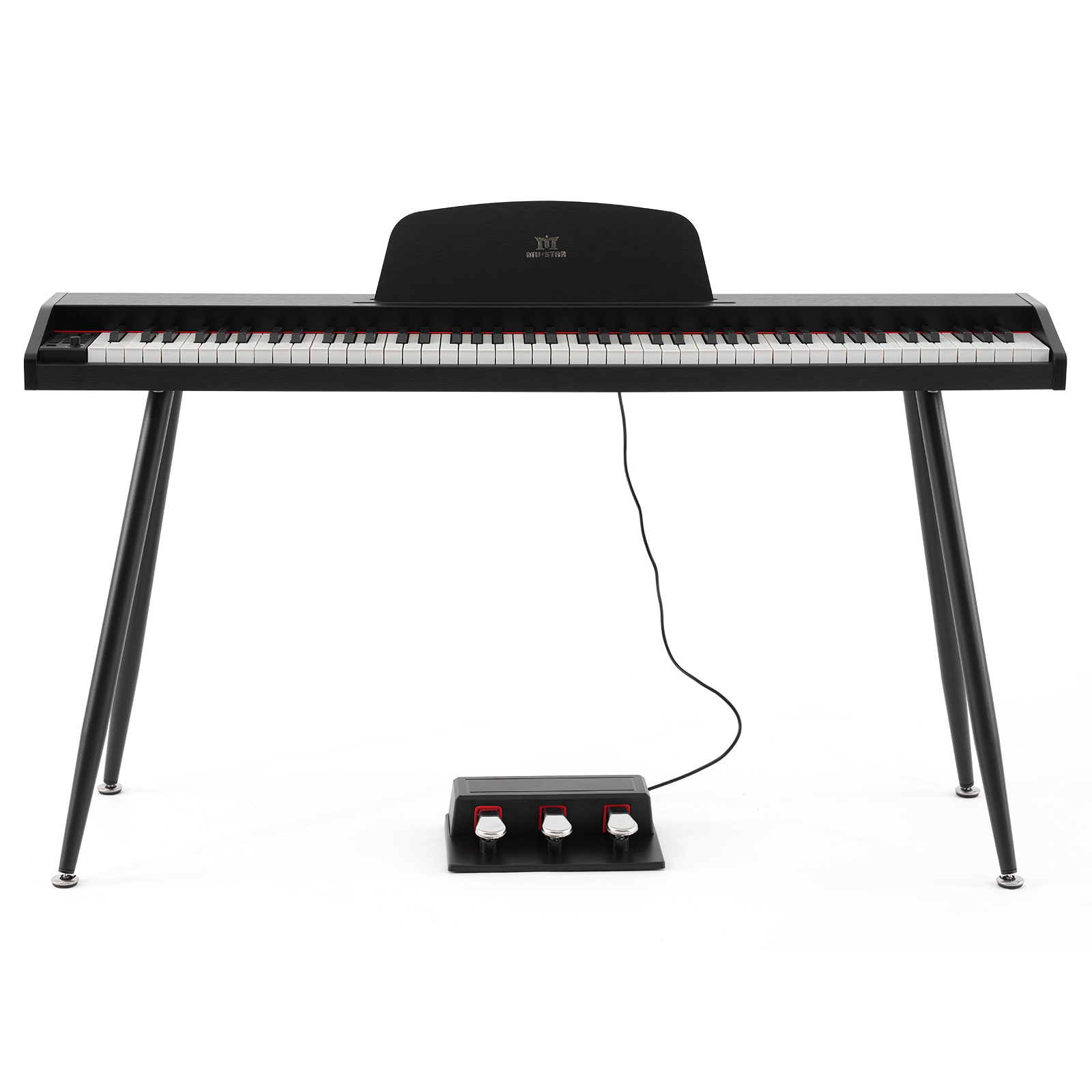 Ein schwarzes Digitalpiano mit Notenpult, drei Pedalen und schlanken Beinen.