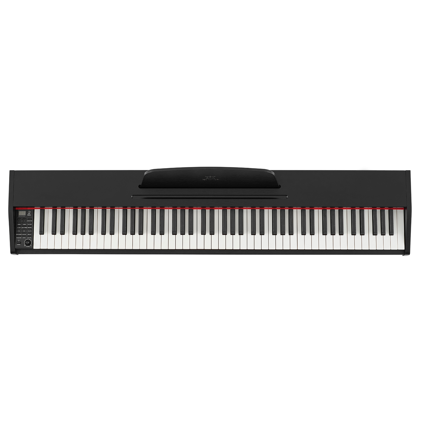 Ein schwarzes Digitalpiano mit weißen und schwarzen Tasten, das auf einem weißen Hintergrund zu sehen ist.