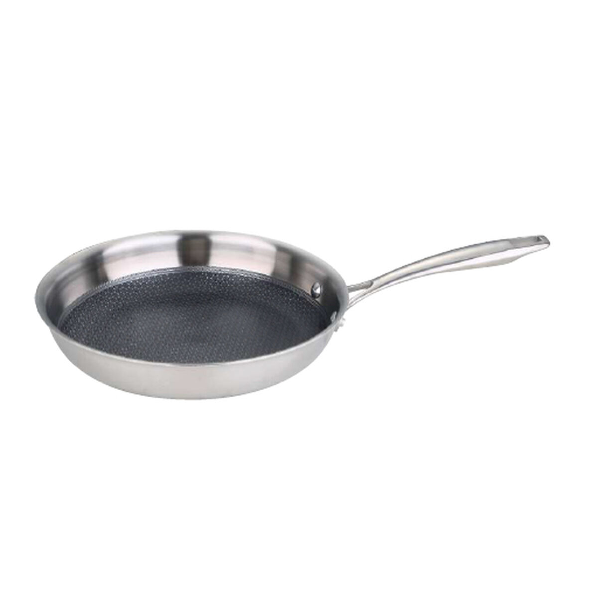 Eine silberne Bratpfanne mit schwarzem Einsatz und langem Griff.