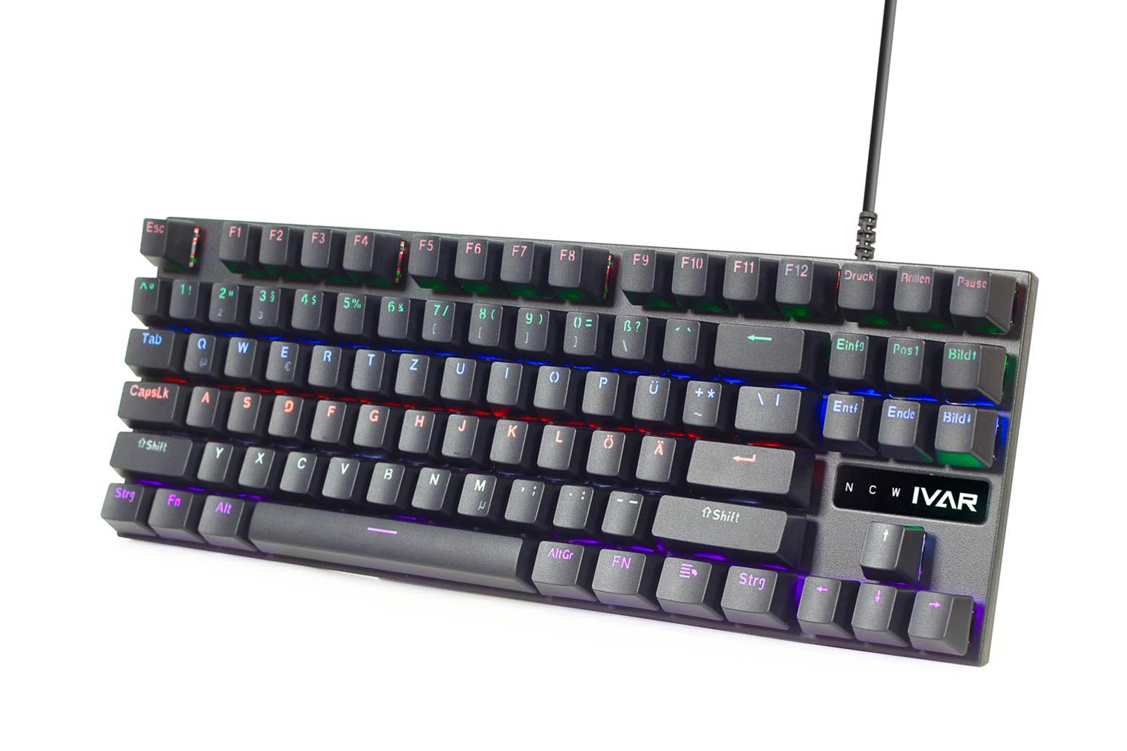 Eine schwarze Tastatur mit bunter Hintergrundbeleuchtung auf weißem Hintergrund.