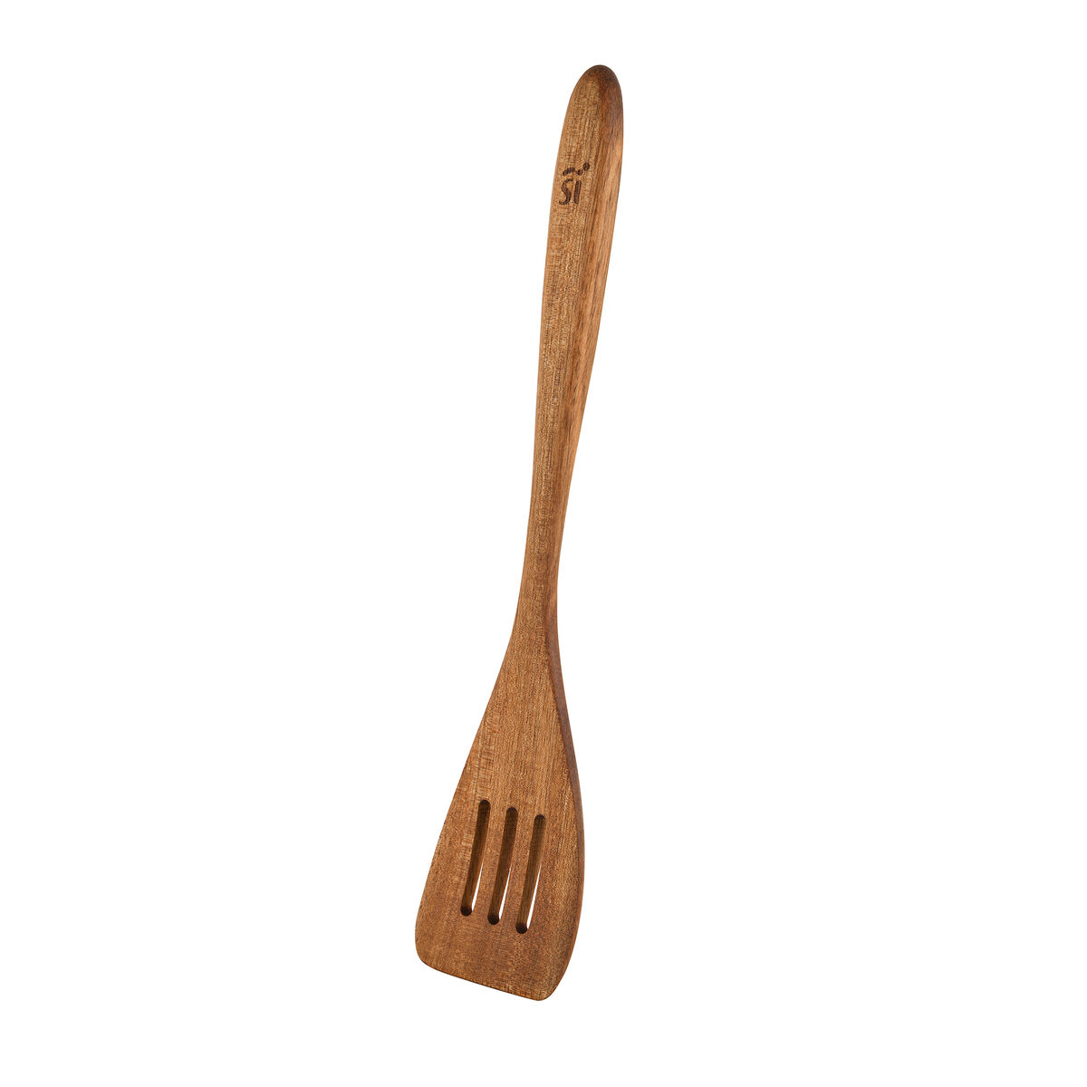 Una espátula de madera con ranuras y un logo arriba.