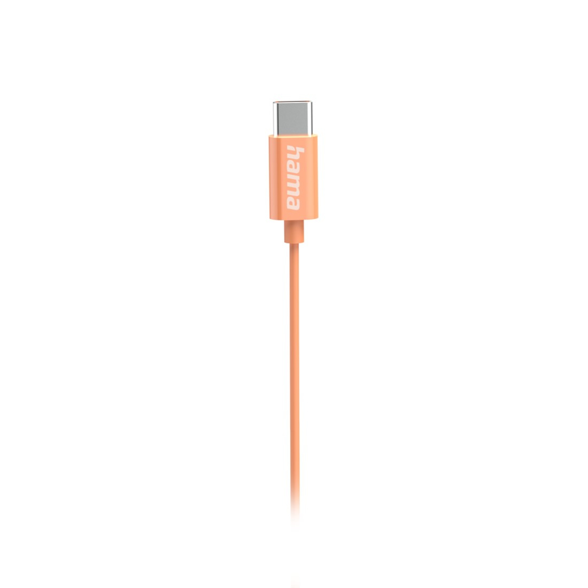 Un cavo USB-C arancione con connettore argentato e logo Hama.