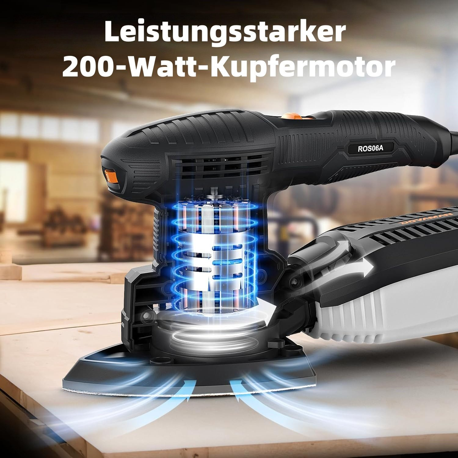 Ein Schleifgerät mit einem sichtbaren 200-Watt-Kupfermotor und Staubabsaugung.