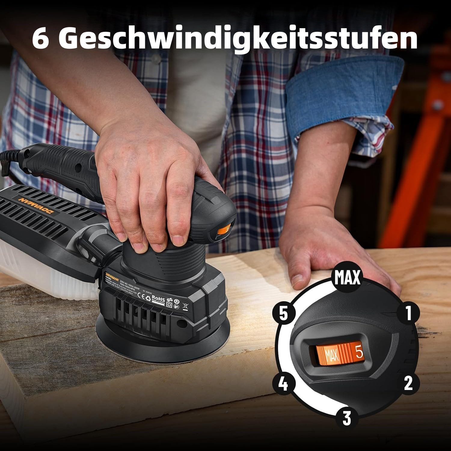 Eine Hand bedient einen schwarzen Schleifer mit 6 Geschwindigkeitsstufen auf Holz.