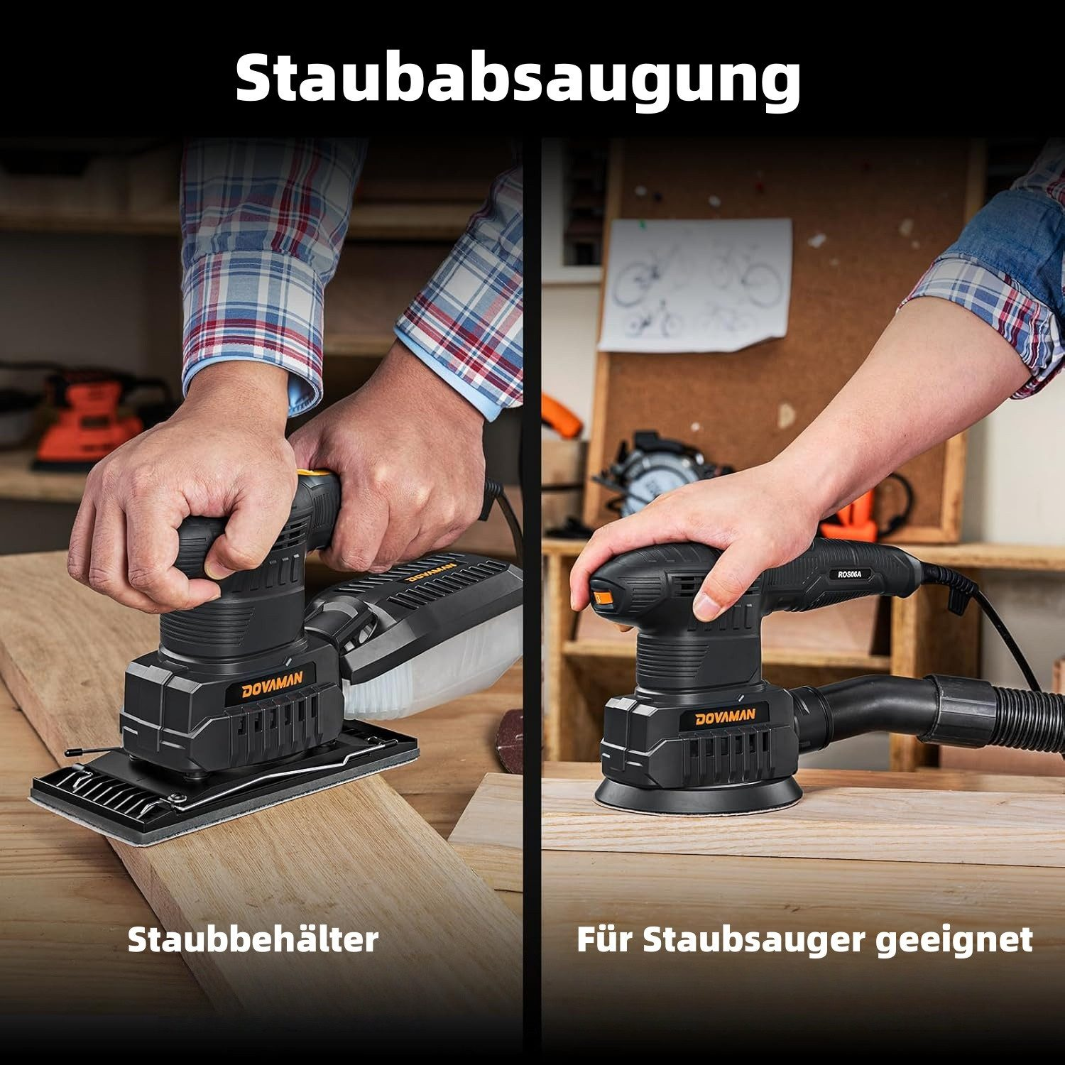 Zwei Schleifmaschinen im Vergleich: Mit Staubbehälter und für Staubsauger geeignet.