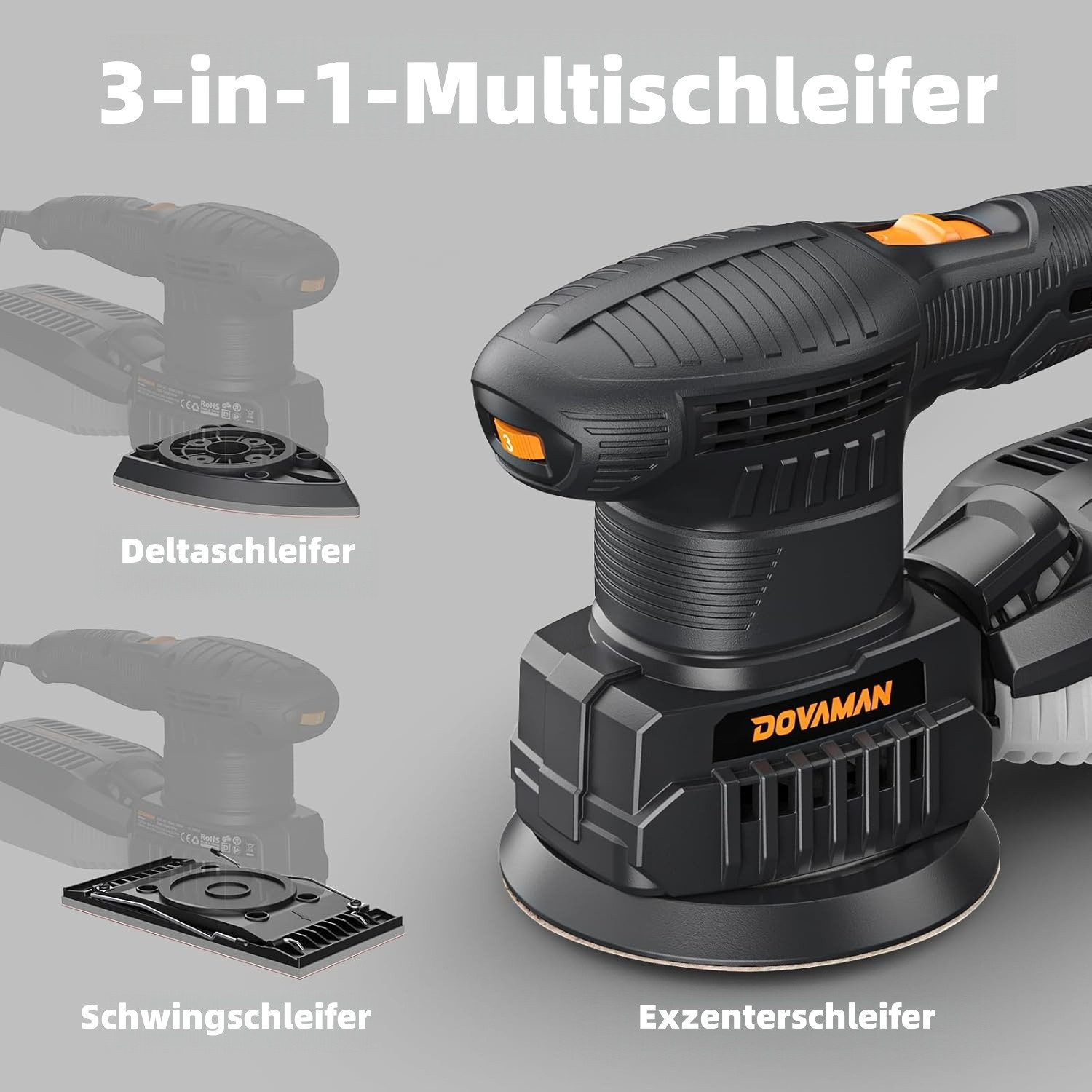 Schleifmaschine mit drei Aufsätzen: Delta-, Schwingschleifer und Exzenterschleifer.