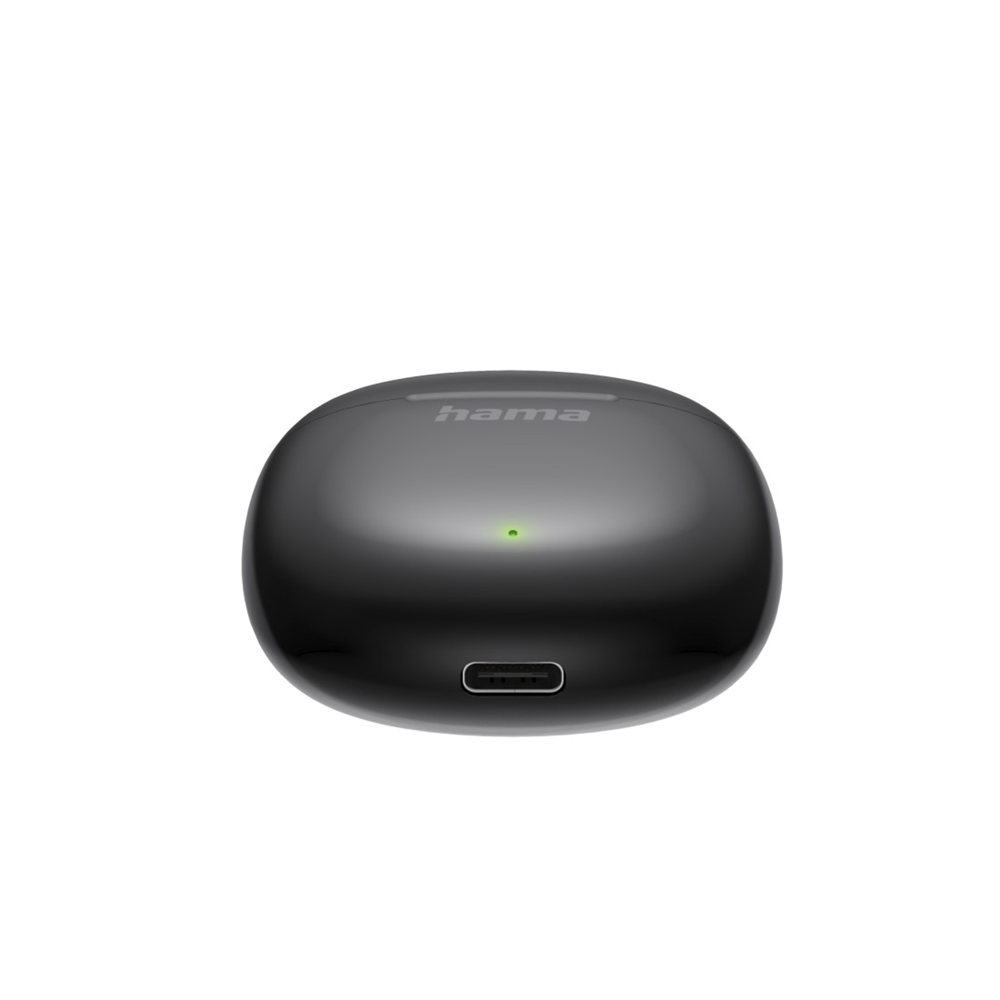 Czarne etui ładujące z logo Hama, zieloną diodą LED i portem USB-C.
