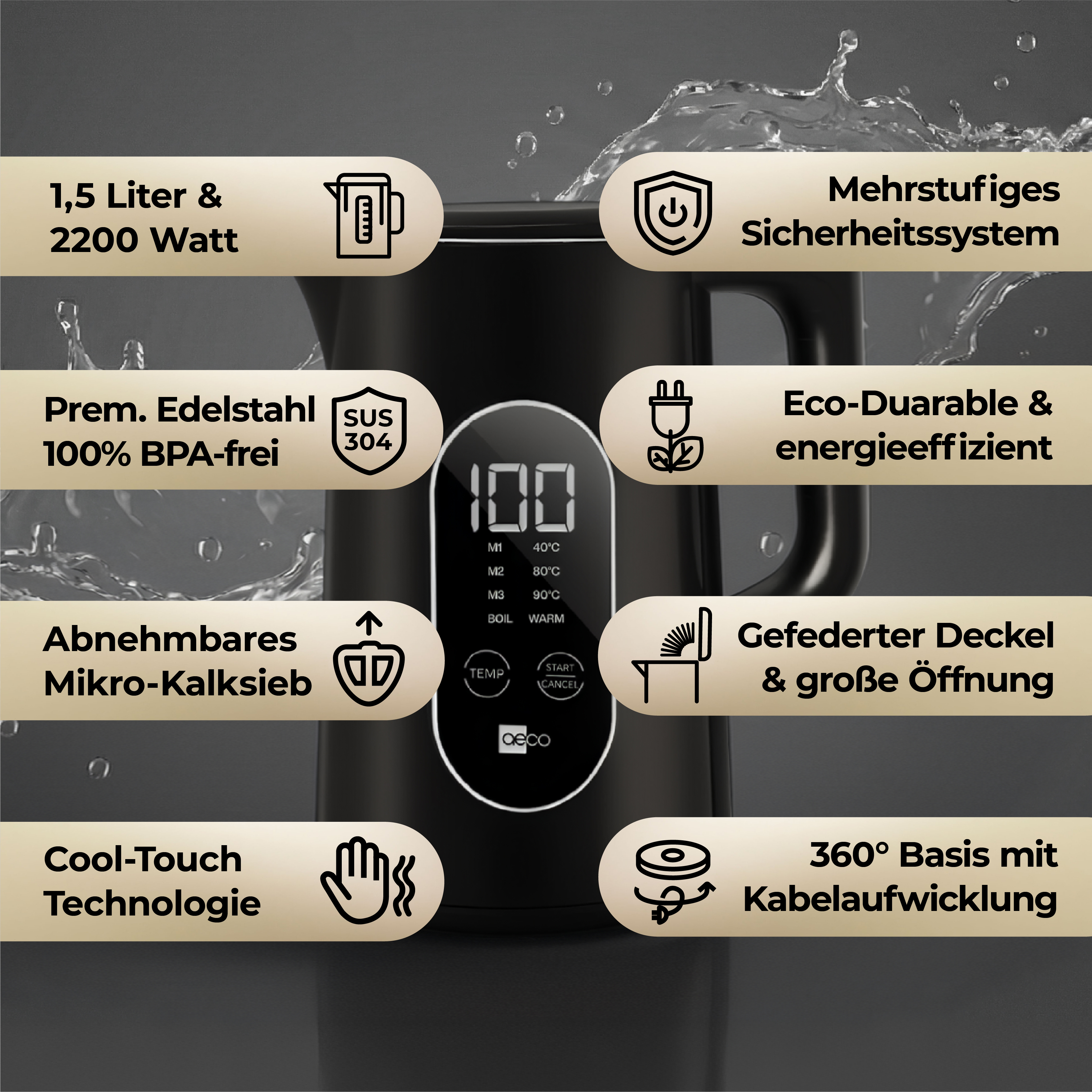 Schwarzer Wasserkocher mit digitalen Temperaturanzeigen und Symbolen für Funktionen.