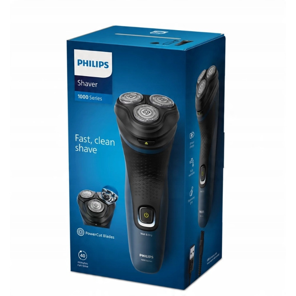 Golarka Philips seria 1000 na niebieskim pudełku, ze szczegółami.