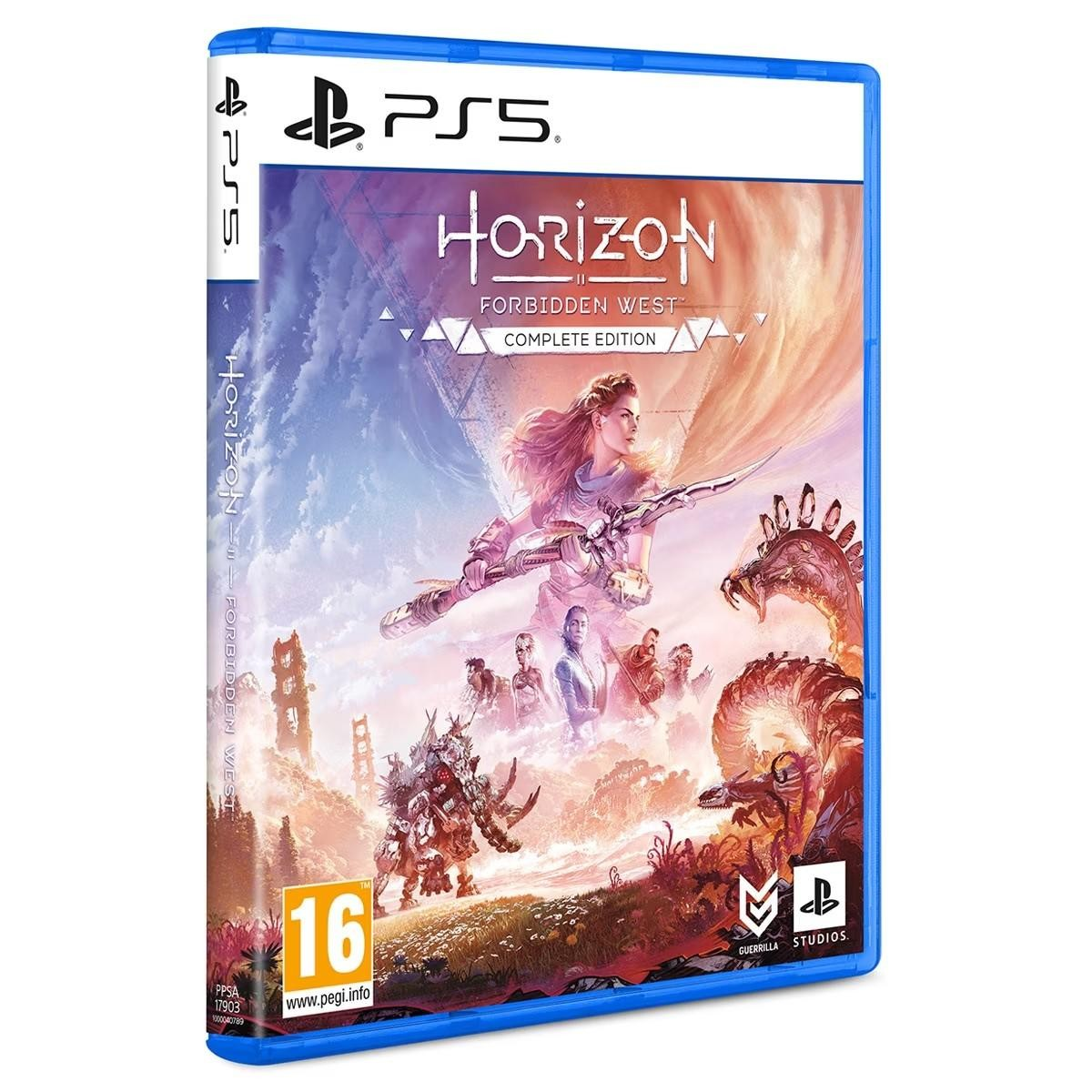 Portada PS5 de Horizon Forbidden West Complete Edition con Aloy y máquinas.
