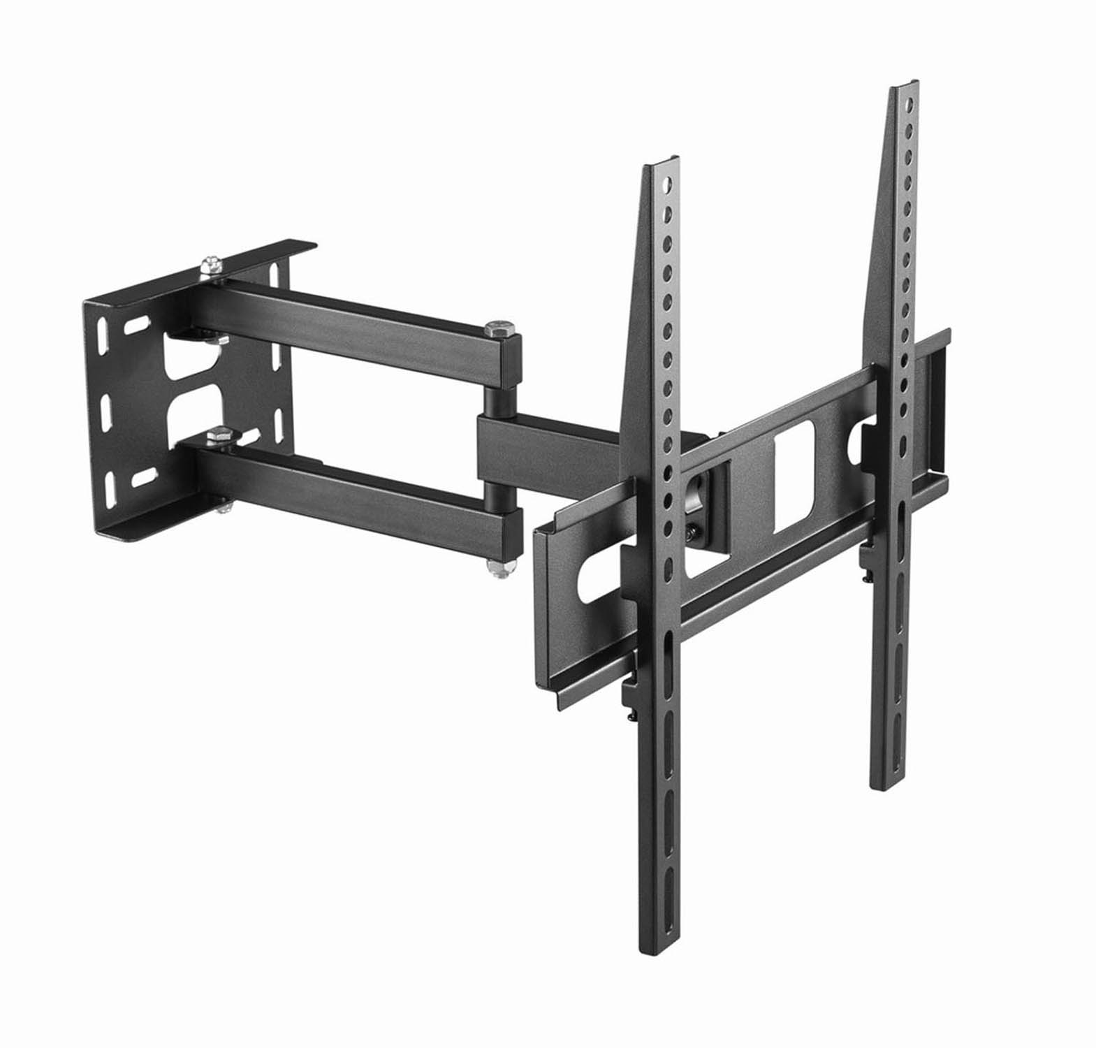 Black adjustable TV wall mount with an extendable arm and mounting bracket.
