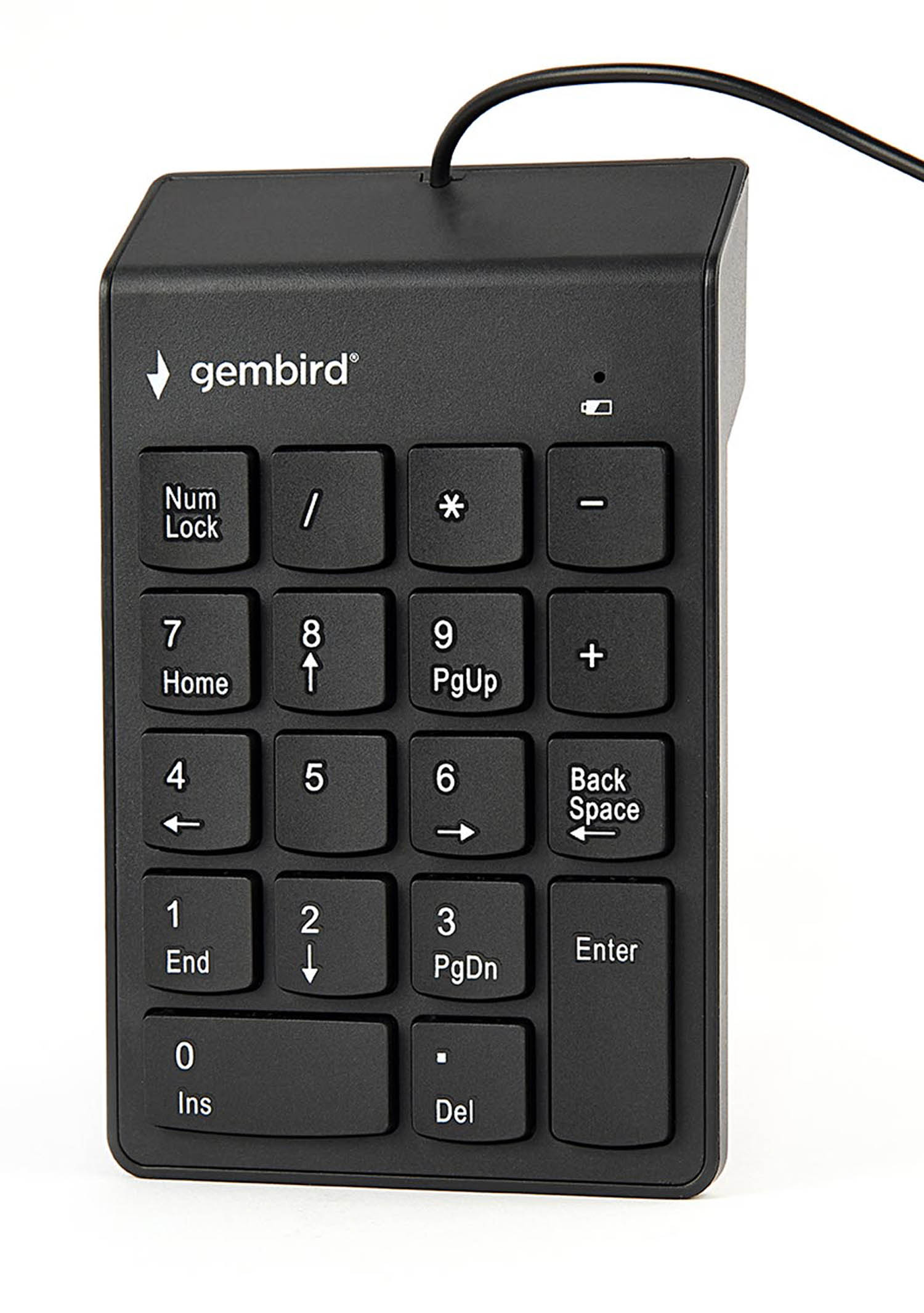 Un clavier Gembird noir avec touches numériques et touches de fonction est présenté.