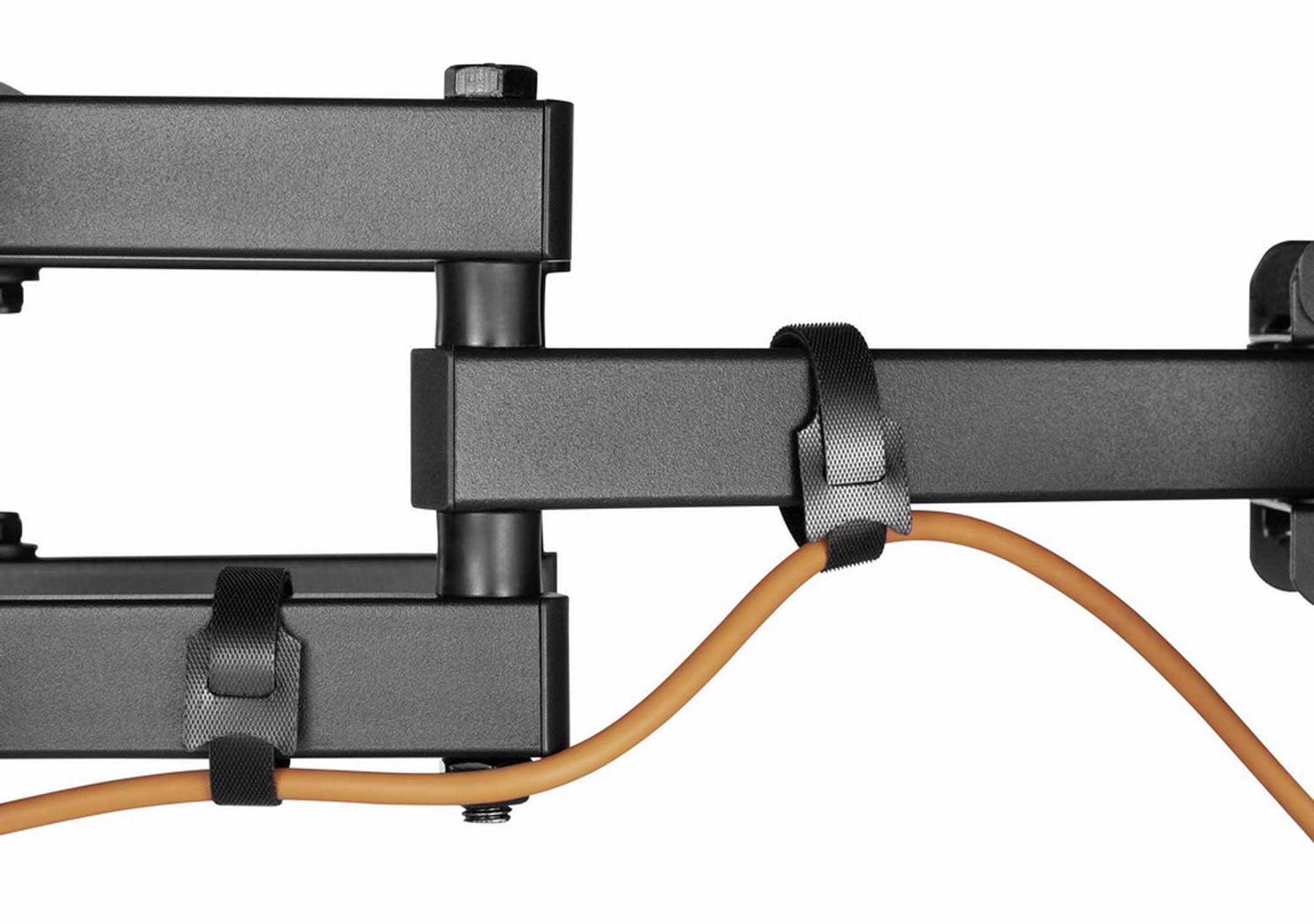 A black monitor arm with cable ties and an orange cable.