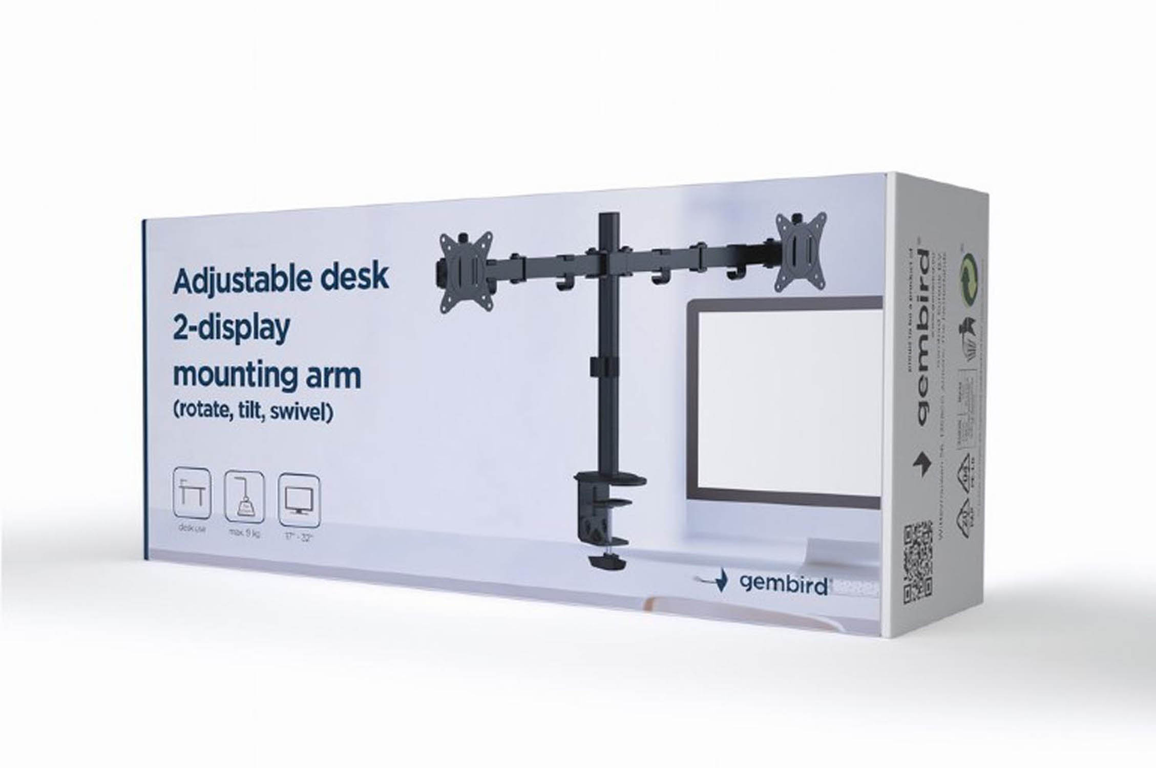 Adjustable desk mount for 2 displays, with rotate, tilt, swivel.