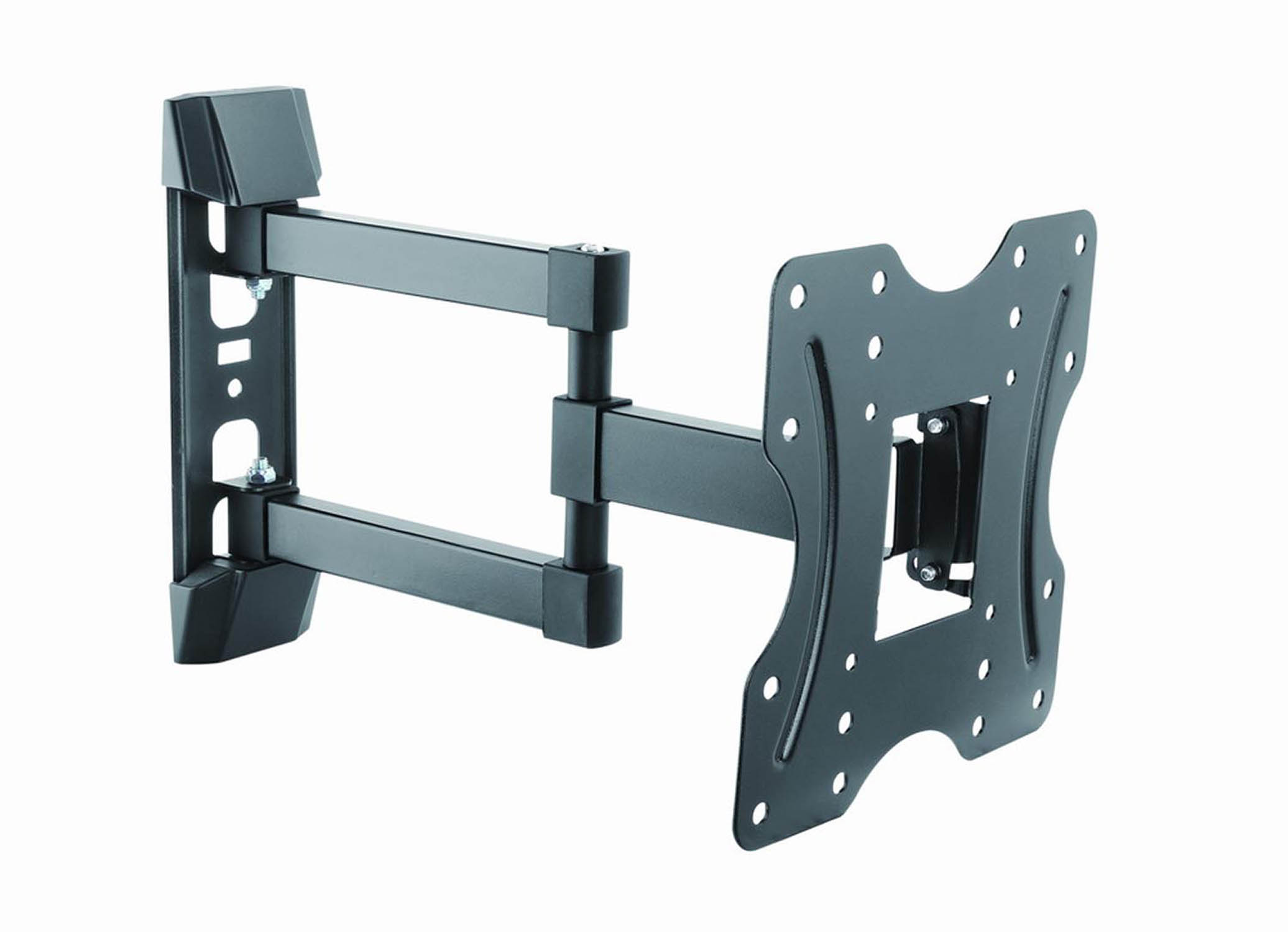 Black swivel TV wall mount with extendable arm and VESA plate.